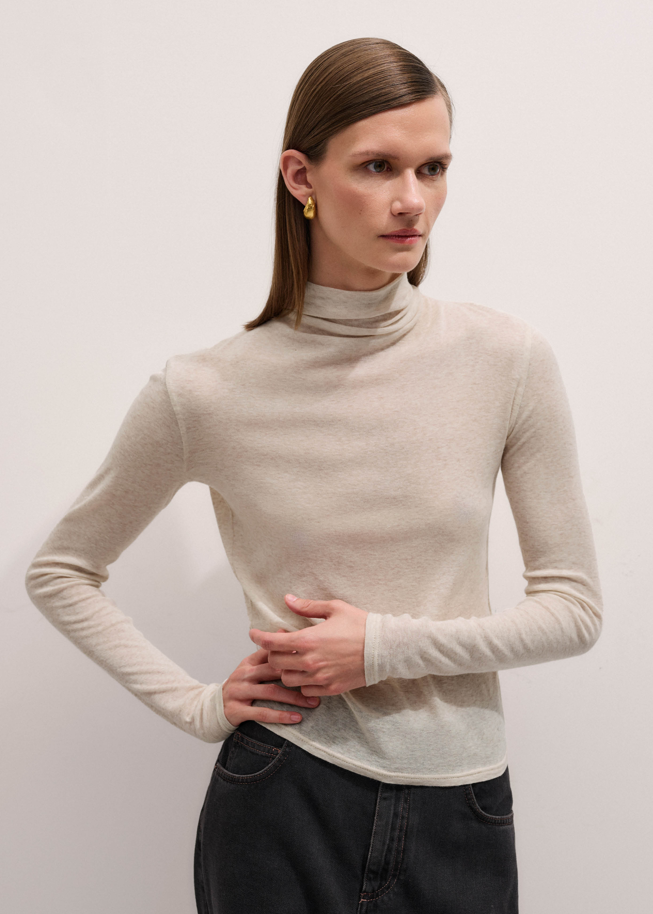 Women's Cream Sheer High Neck Top | ME+EM