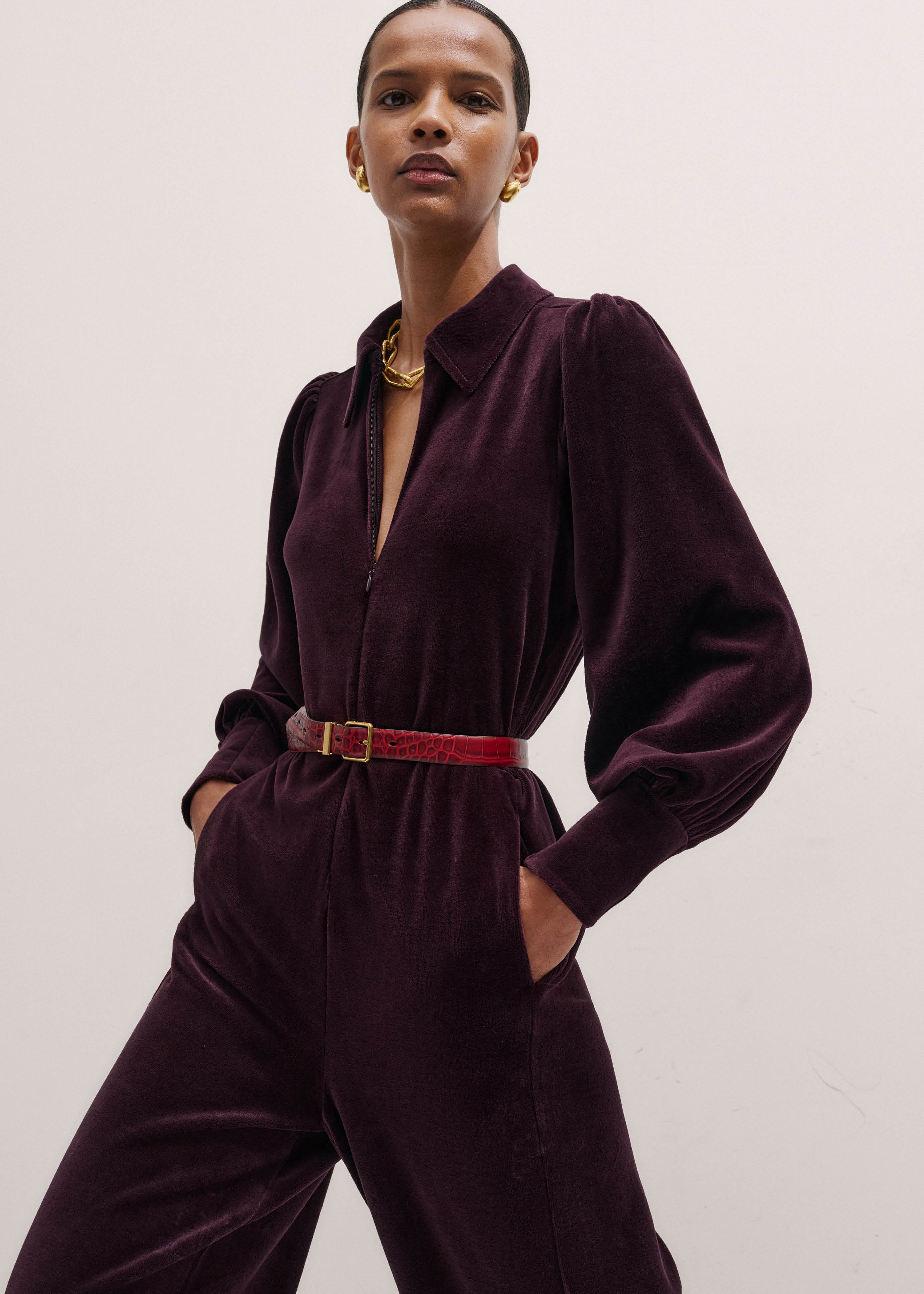 Women's Red Velour AM-PM Jumpsuit + Belt | ME+EM
