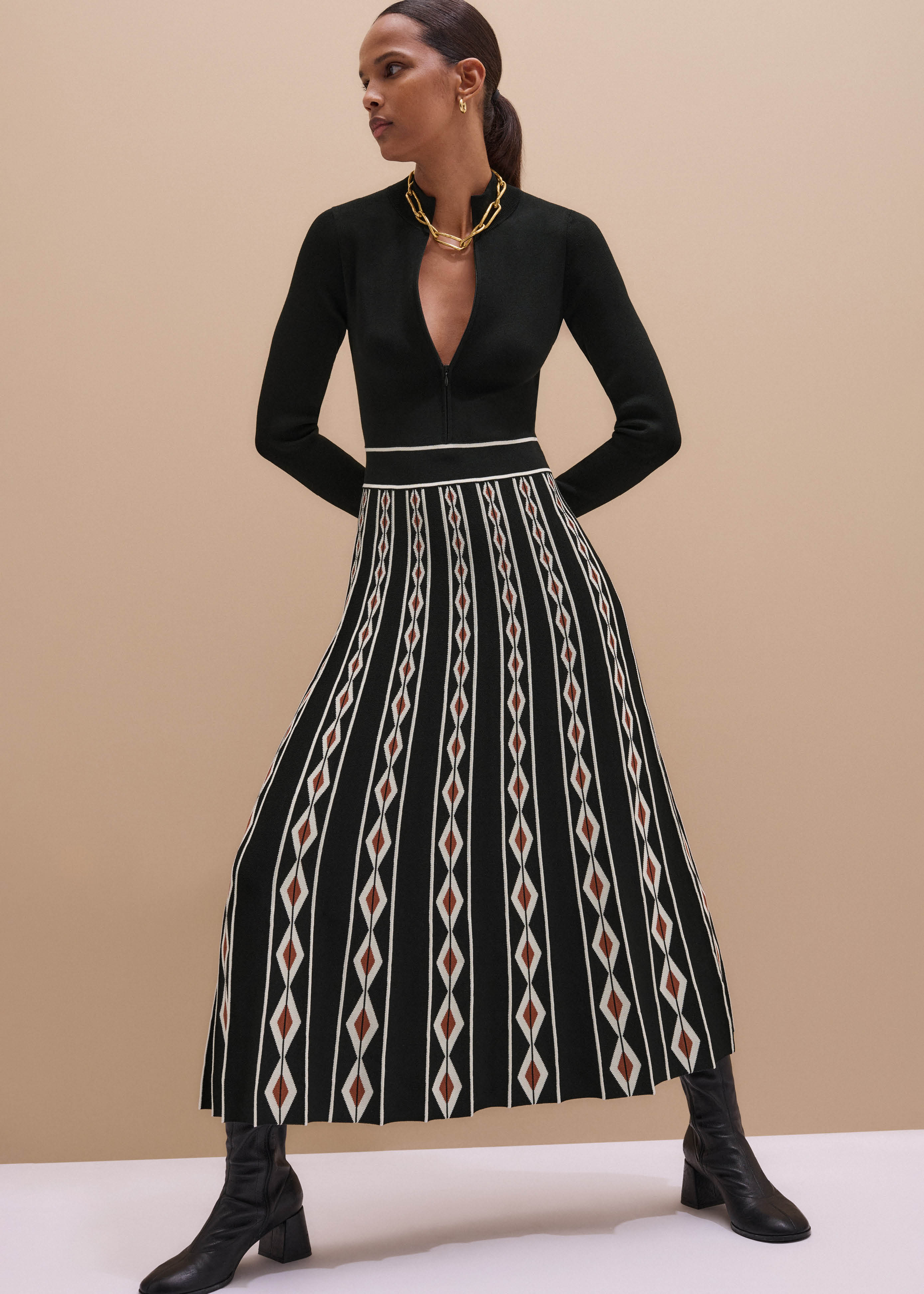 Women's Black Jacquard Half Zip Maxi Dress | ME+EM