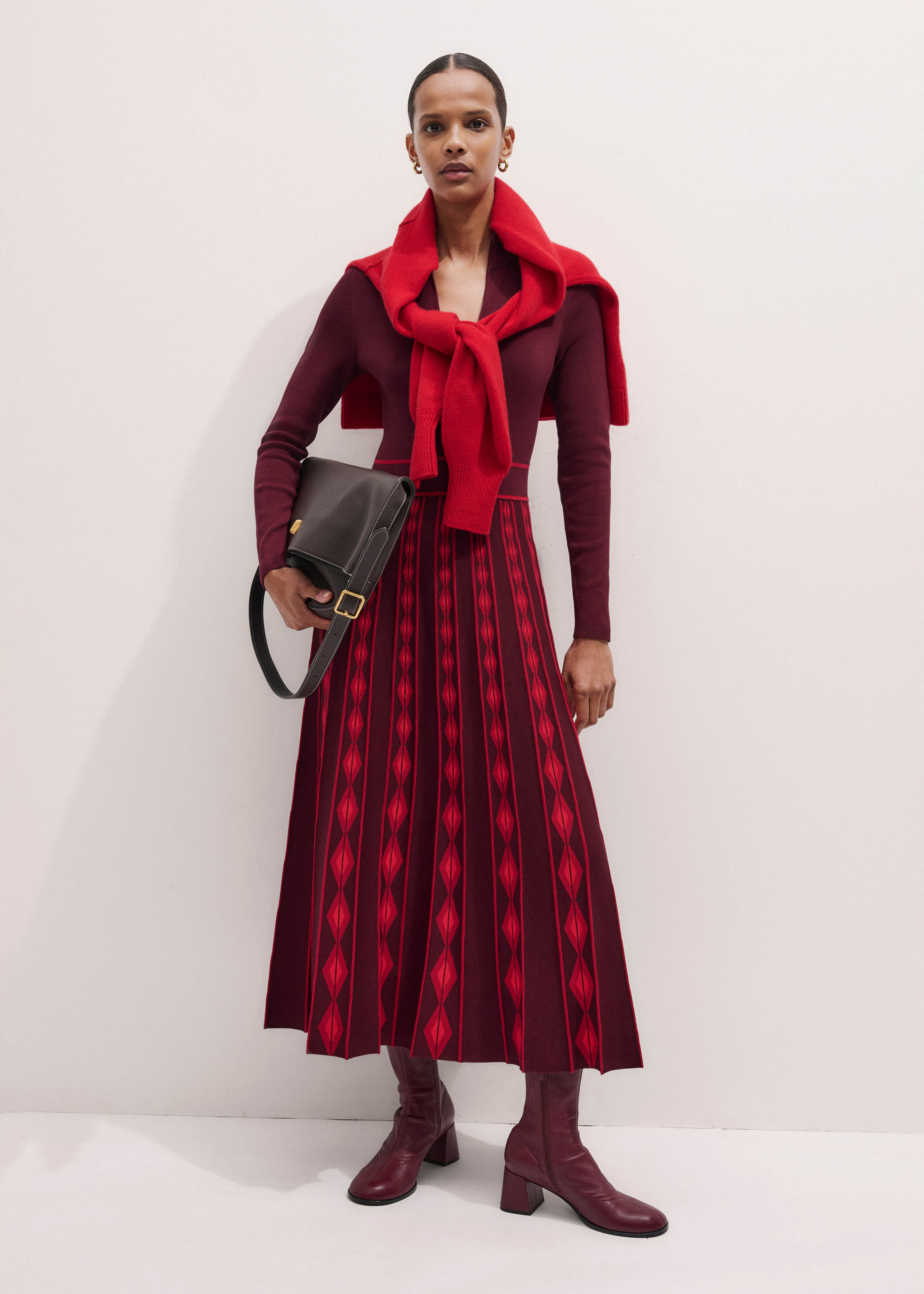 Women's Red Jacquard Half Zip Maxi Dress | ME+EM