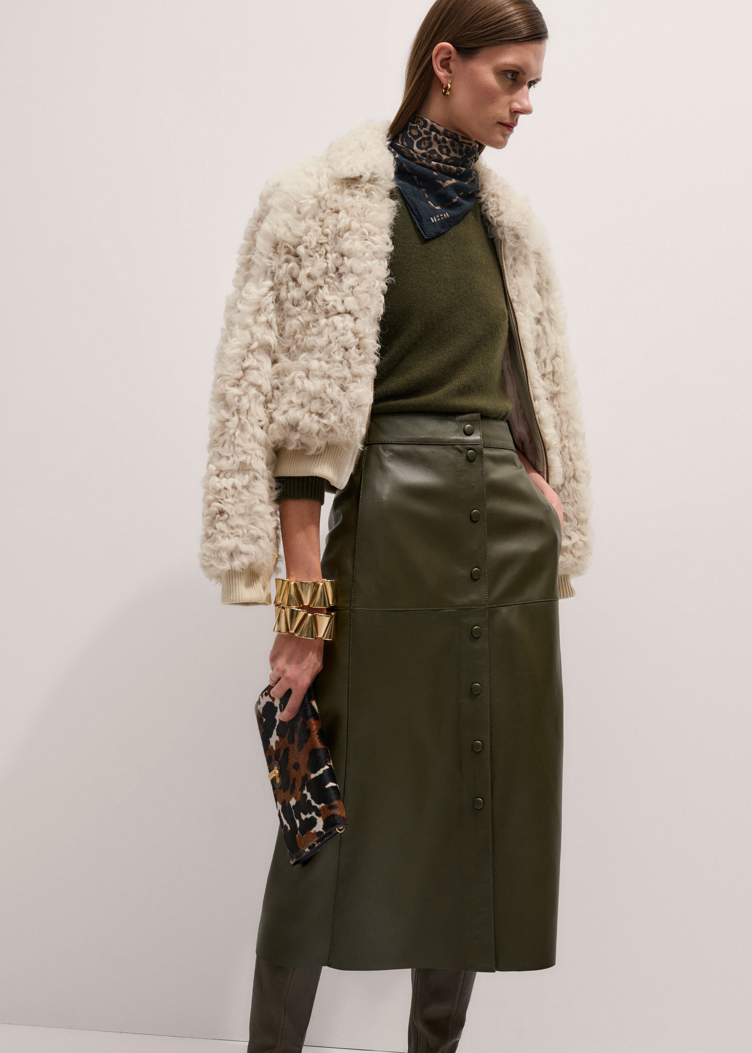 Women's Olive Green Leather Straight Maxi Skirt ME+EM