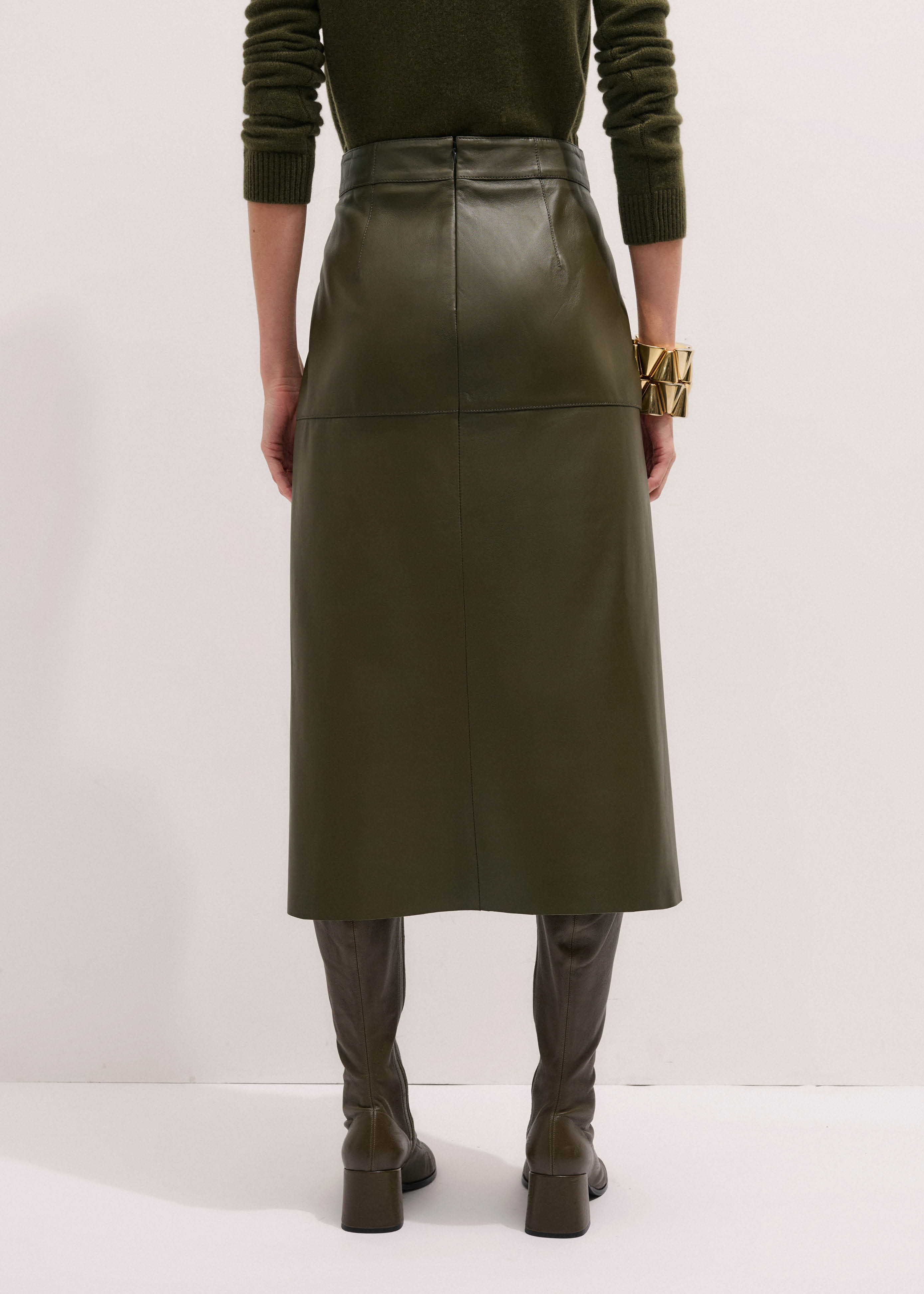 Women's Olive Green Leather Straight Maxi Skirt ME+EM