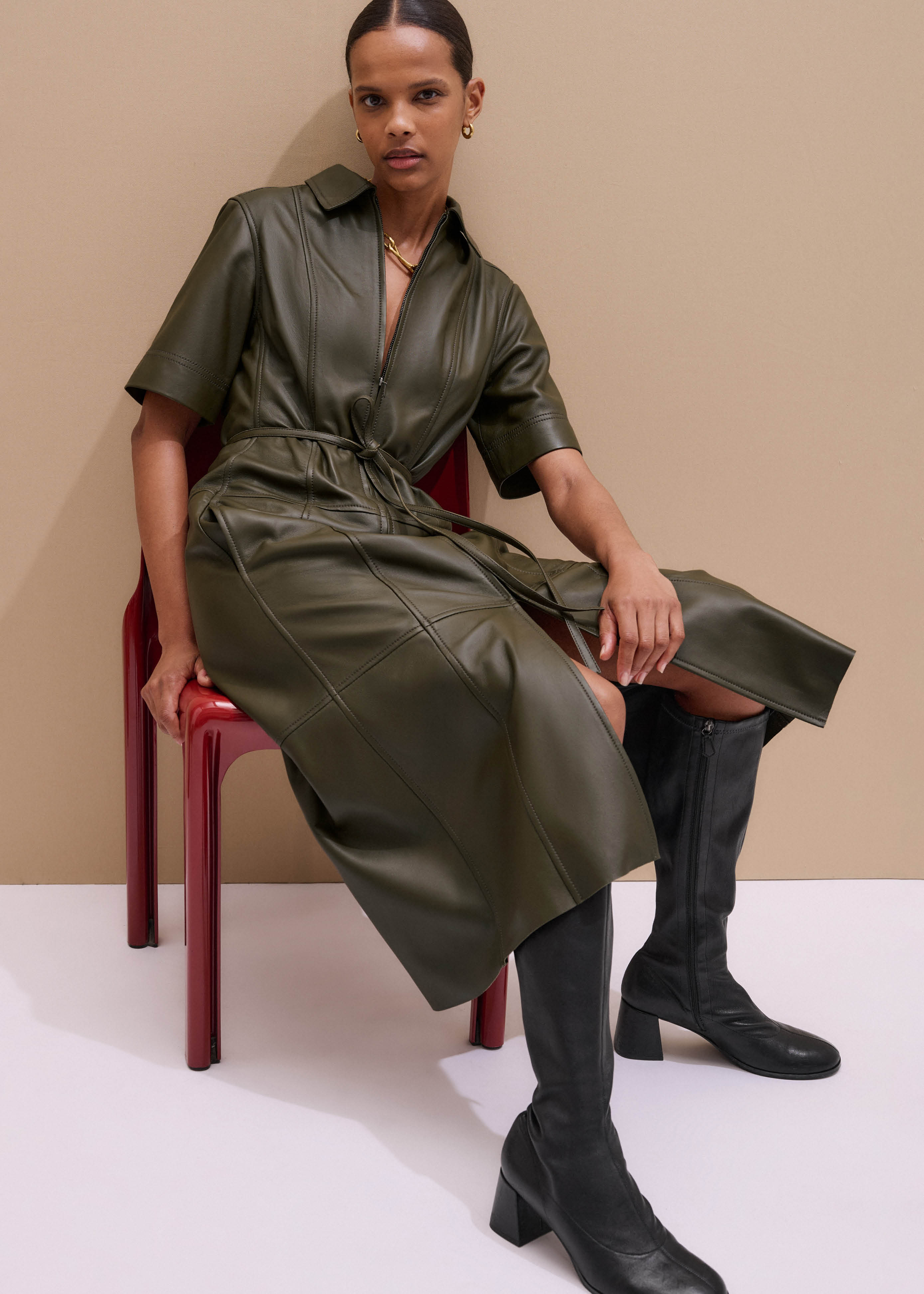 Women's Olive Green Midi Dress + Belt | ME+EM Women's Olive Green Midi Dress + Belt | ME+EM