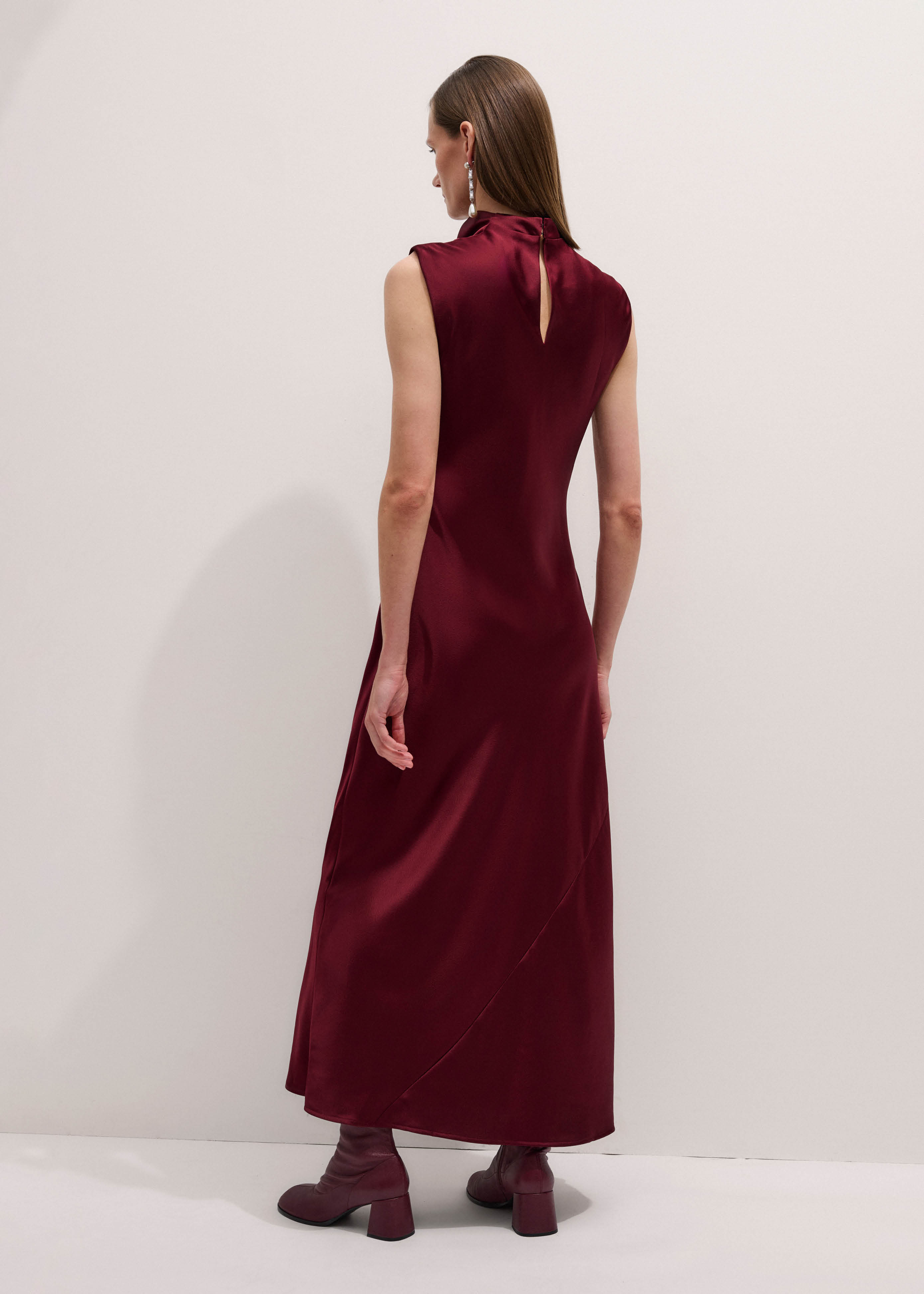 me and em burgundy dress ME+EM Satin Drape Neckline Maxi Dress