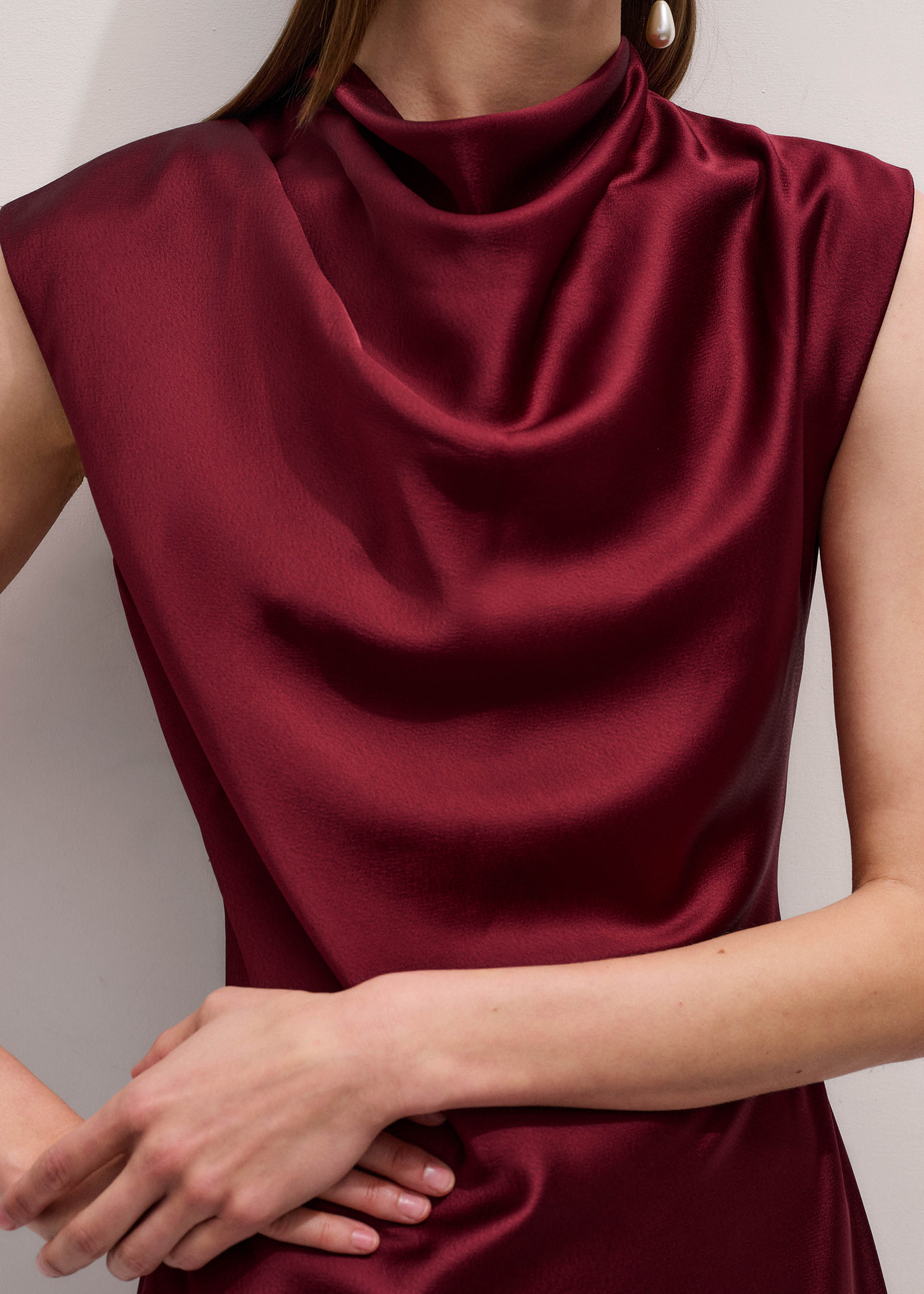 ME+EM Satin Drape Neckline Maxi Dress - Deep Ruby Red