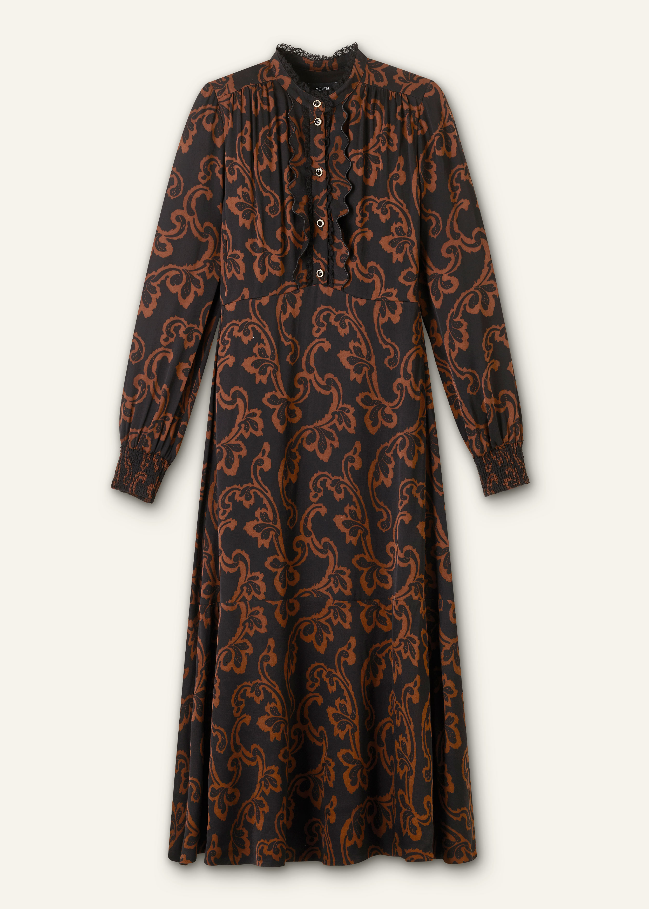 me and em long sleeve dress ME+EM Floral Scroll Print Maxi Dress + Tie Black/Brown - Women's - Fluid Crepe