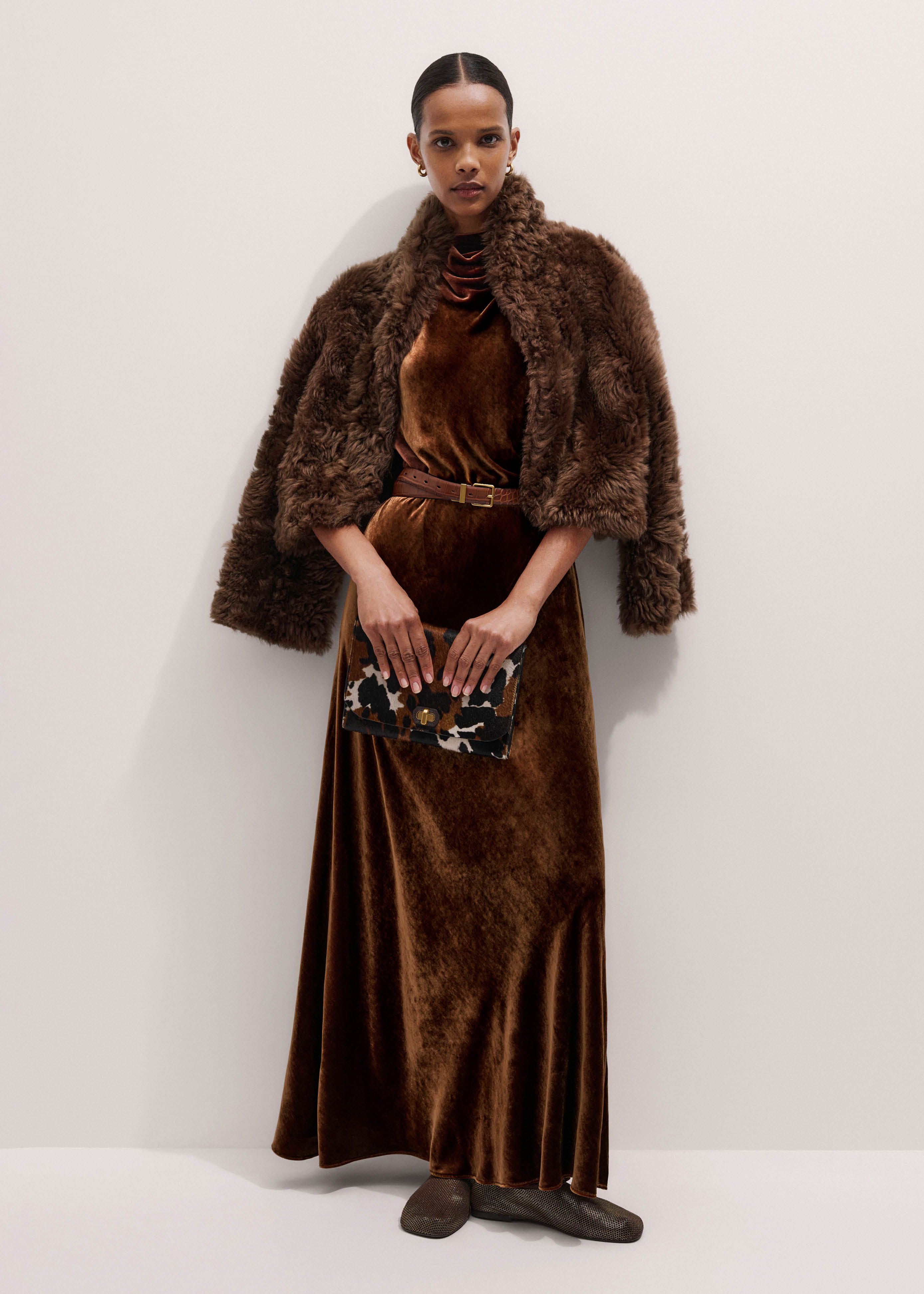 Women's Brown Silk Blend Velvet Draped Full Length Dress | ME+EM