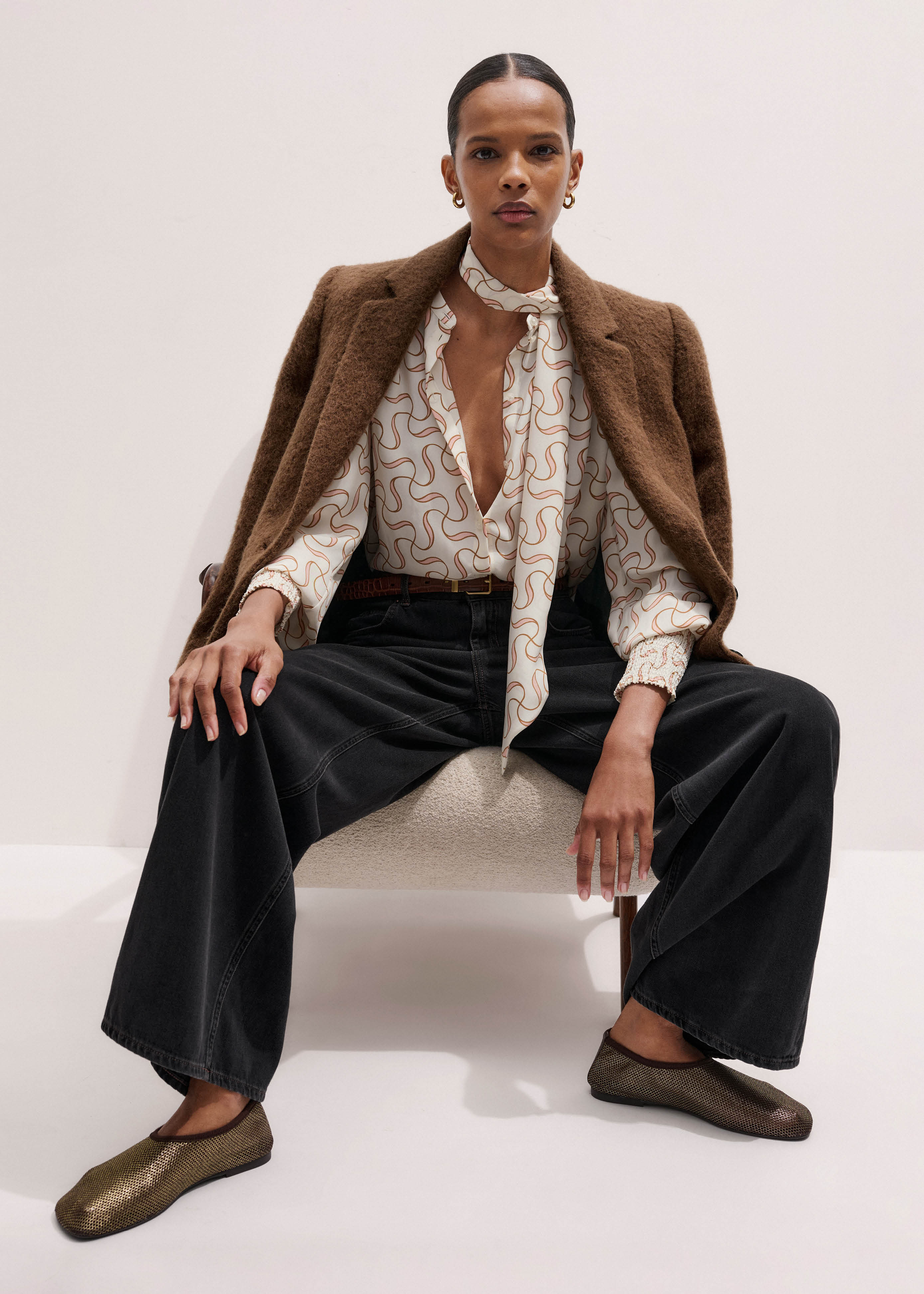 Women's Cream Silk Twisted Line Print Blouse + Tie | ME+EM
