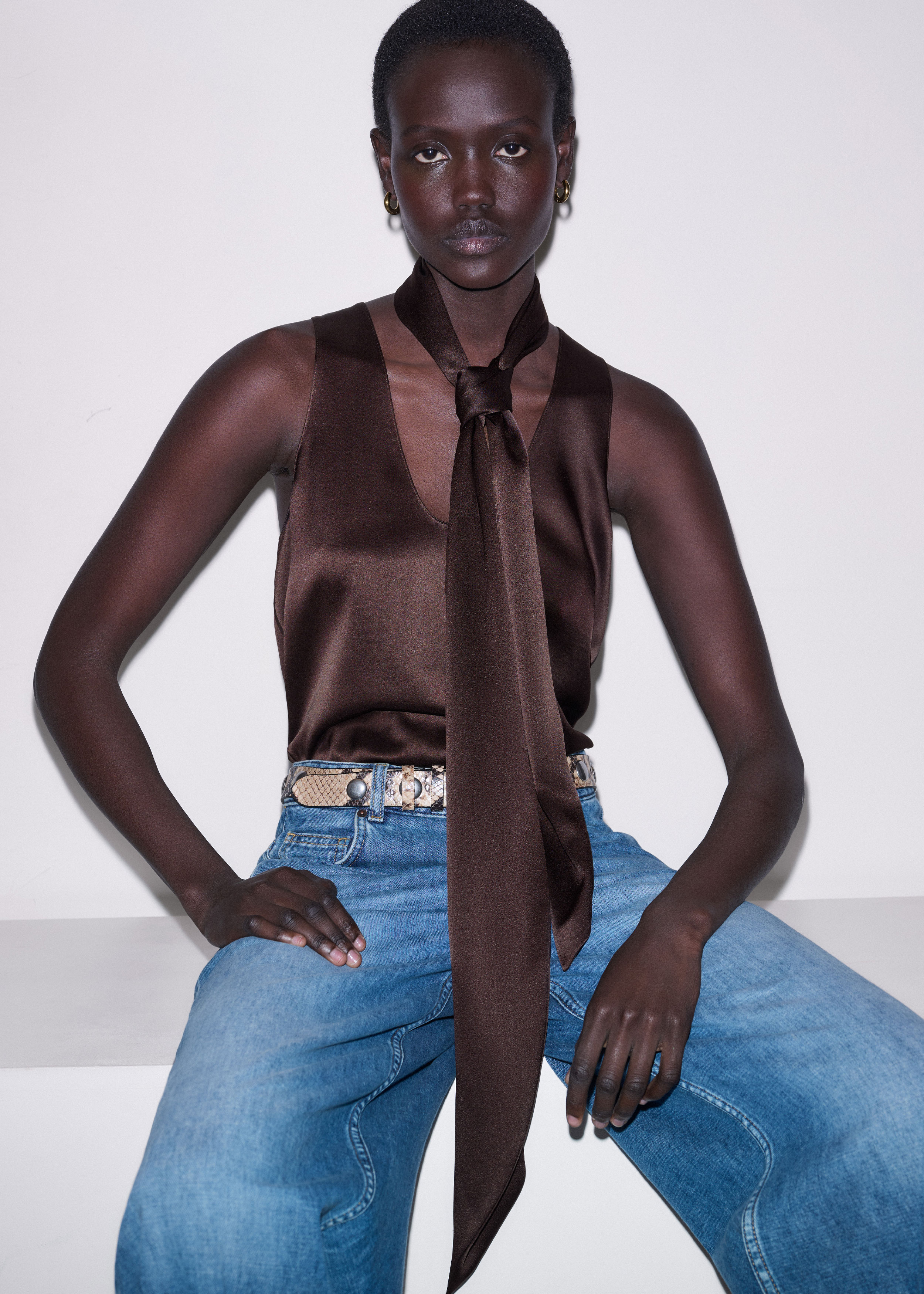 Me+em Silk Satin Evening Scarf Cocoa Brown