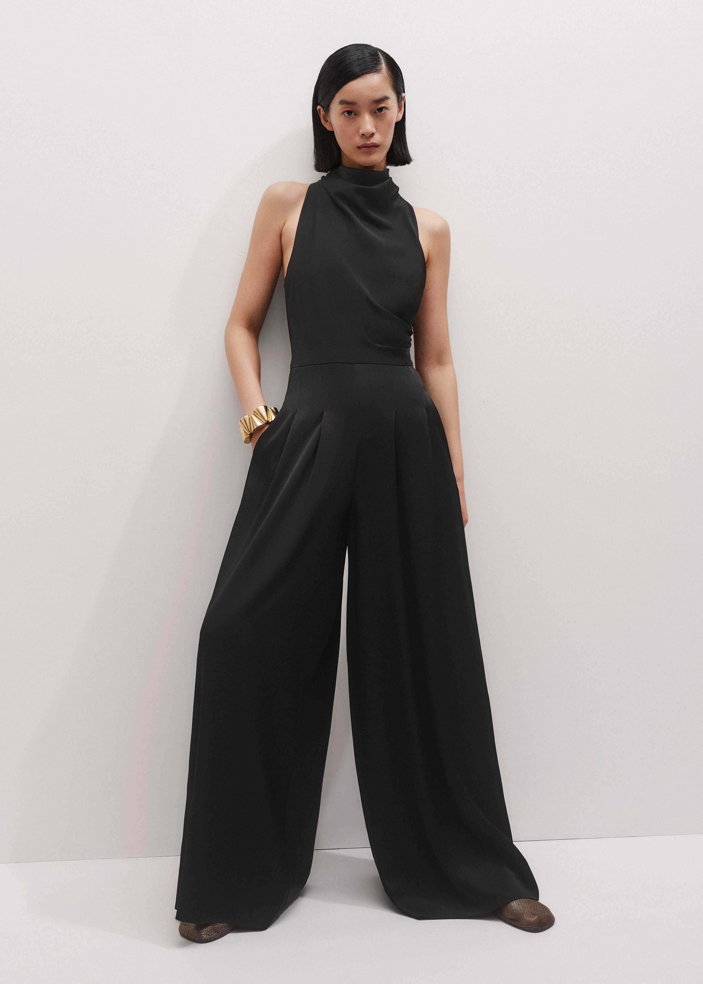 Women's Black Satin Draped Tie Jumpsuit | ME+EM