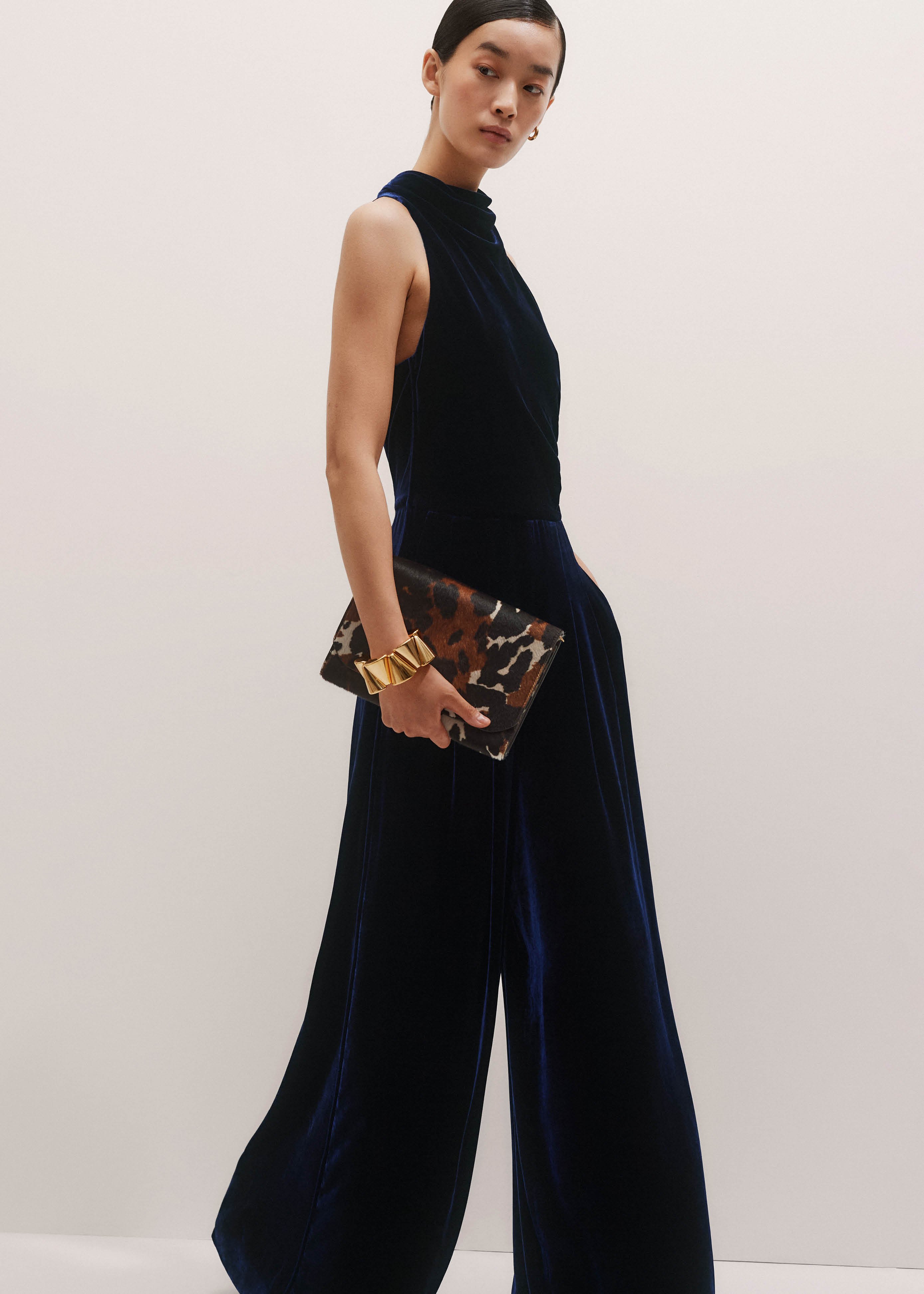 Women's Blue Silk Blend Velvet Black Tie Jumpsuit | ME+EM