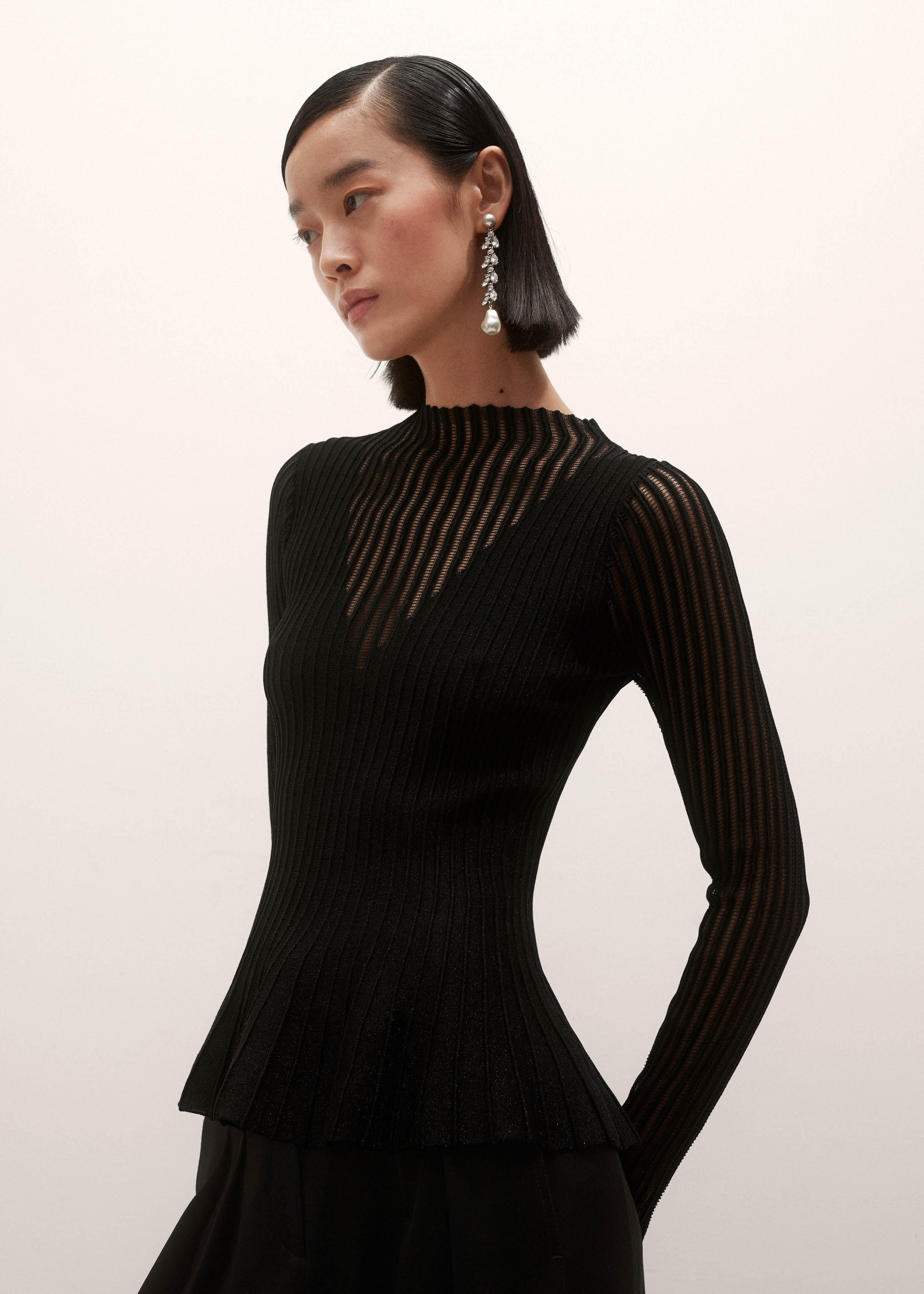 Women's Black Sheer Knit Peplum Top | ME+EM