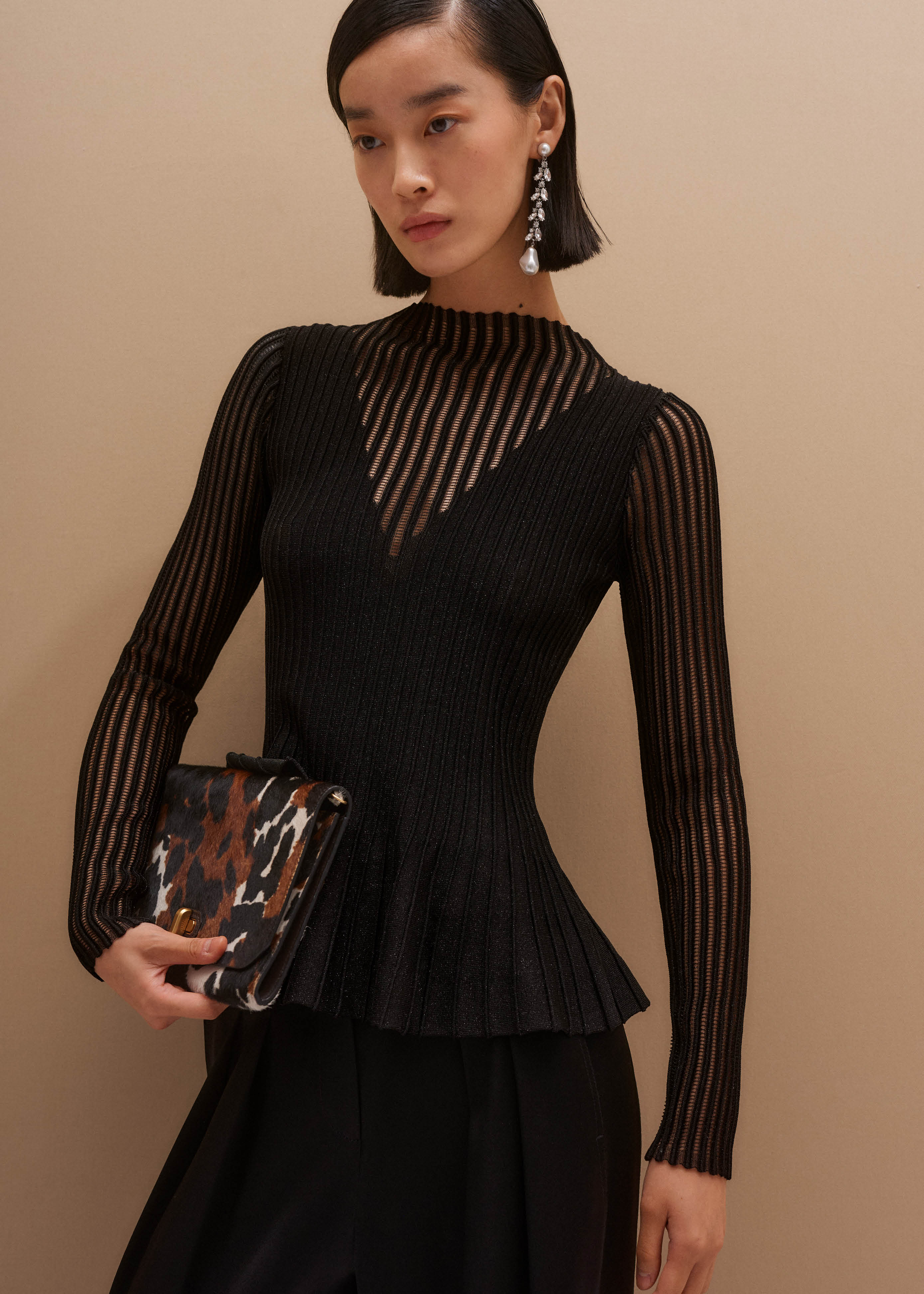 Women's Black Sheer Knit Peplum Top | ME+EM