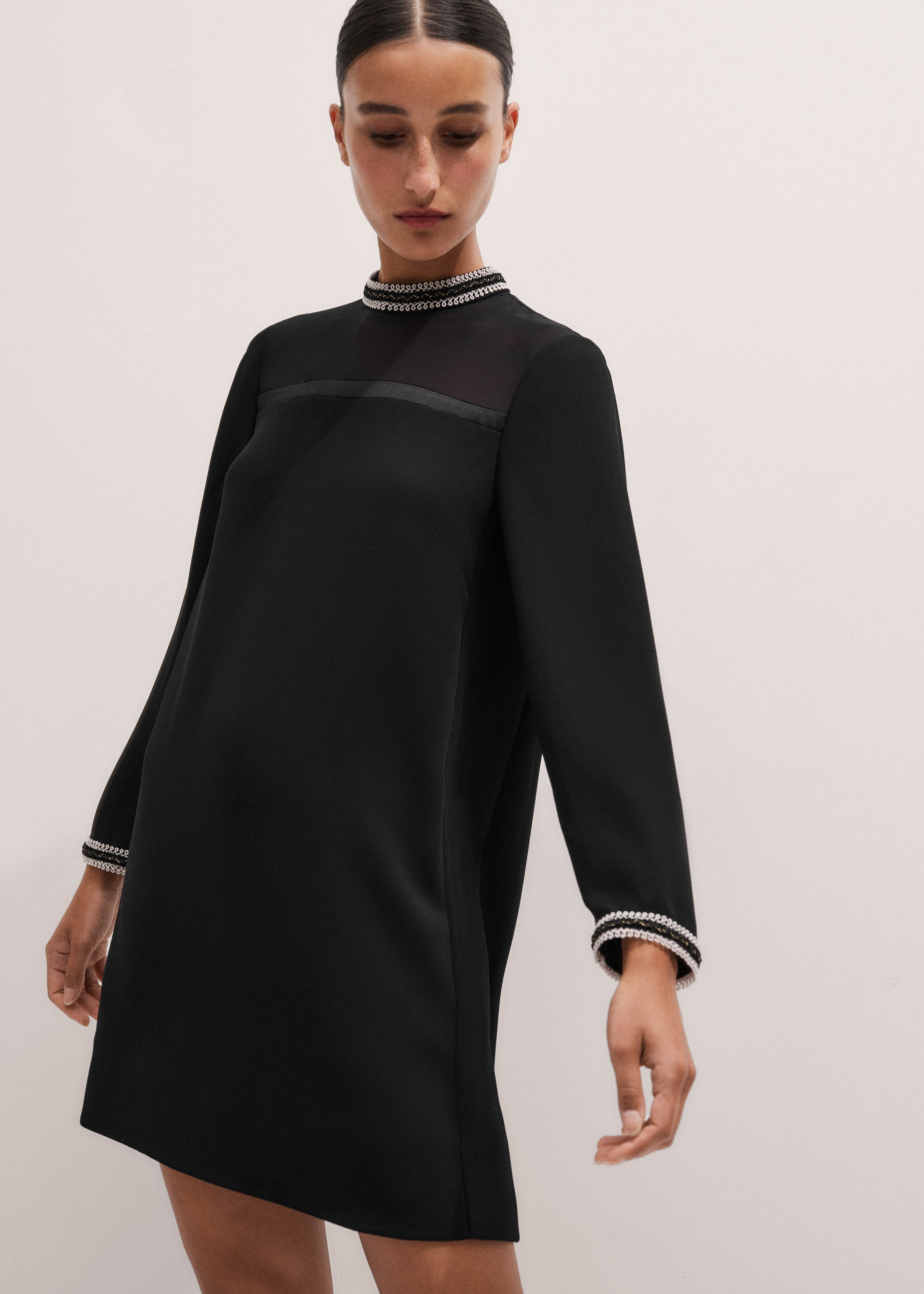 black trim shift mini dress Black Textured Knit Shift Dress with Puff Sleeves & Red-Trim Accents Petunias of Naples