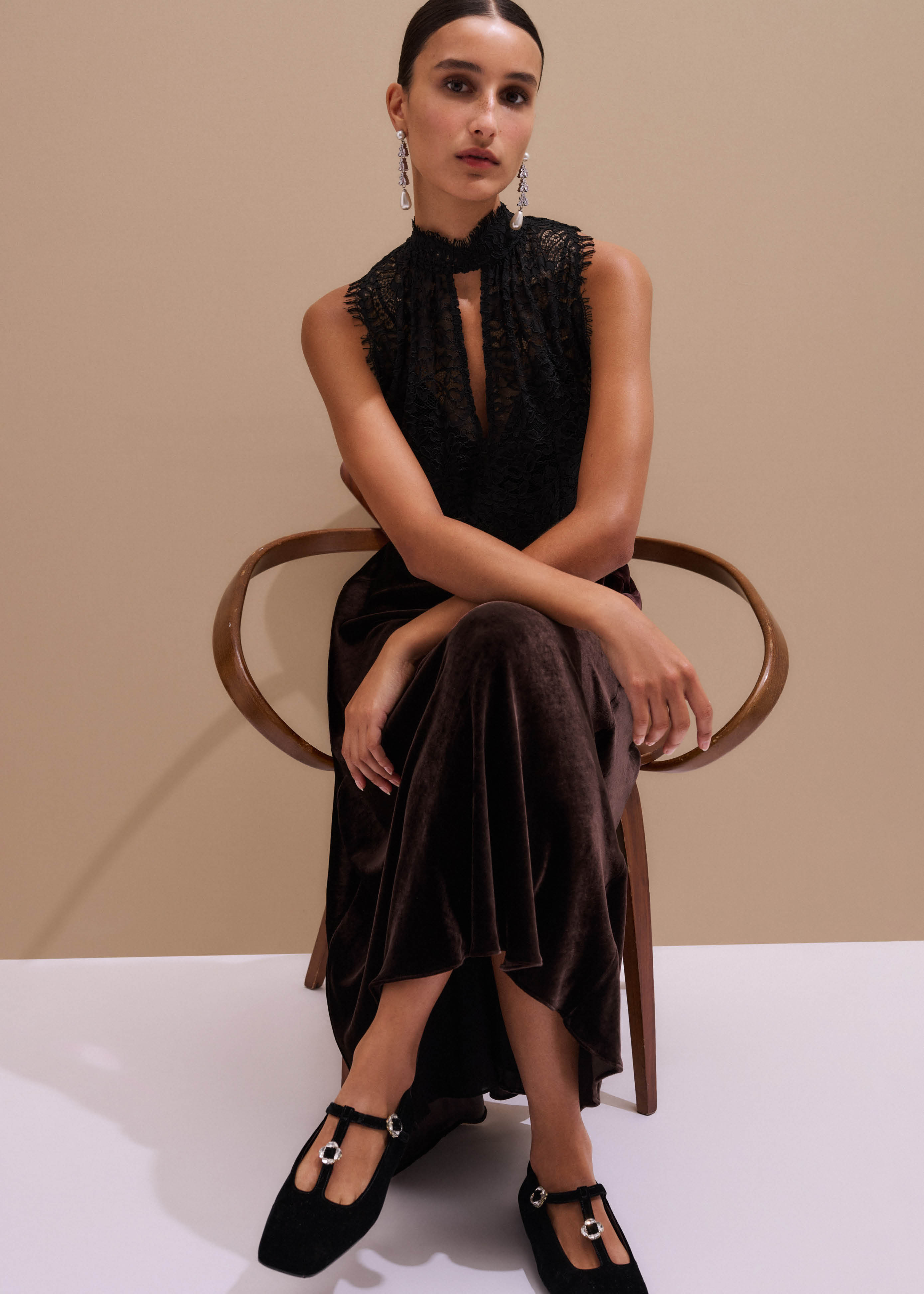 Women's Brown Silk Blend Velvet Lace Panel Evening Maxi Dress | ME+EM