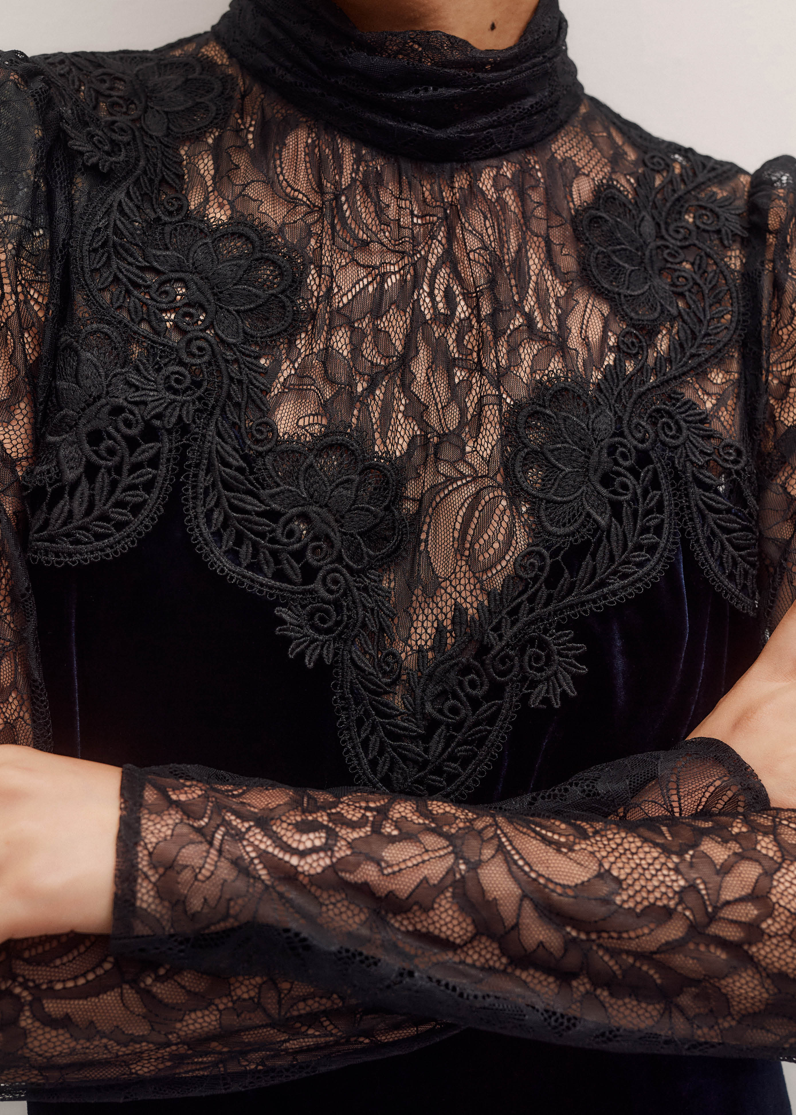 ME+EM Silk Blend Velvet Lace Mini Dress - Black/Midnight Navy