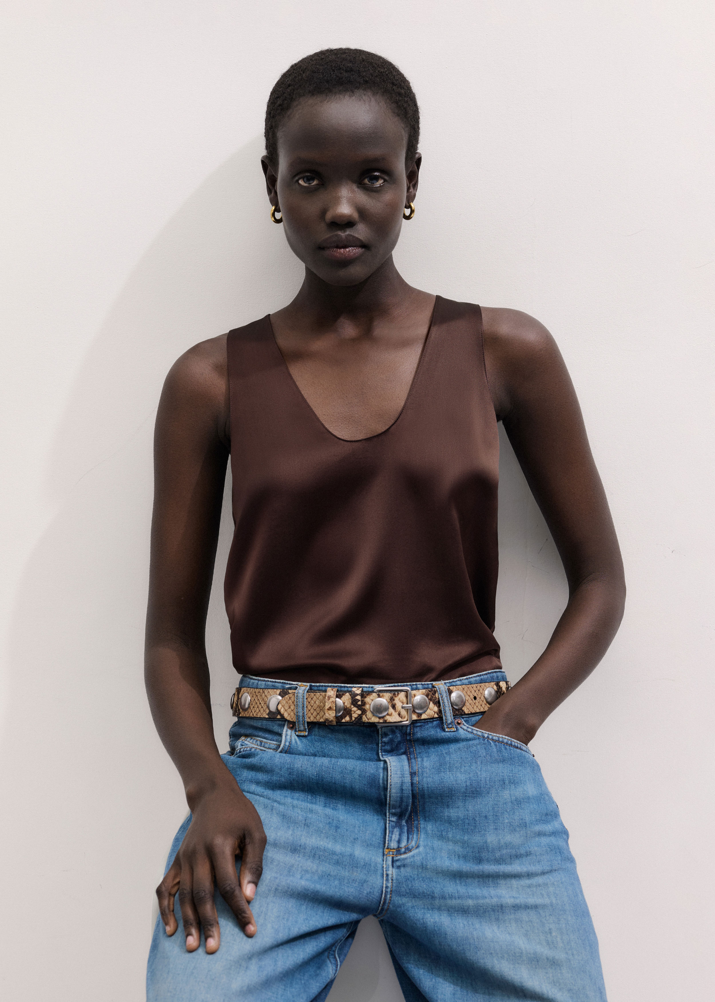 Me+em Silk Satin Tank Top Cocoa Brown