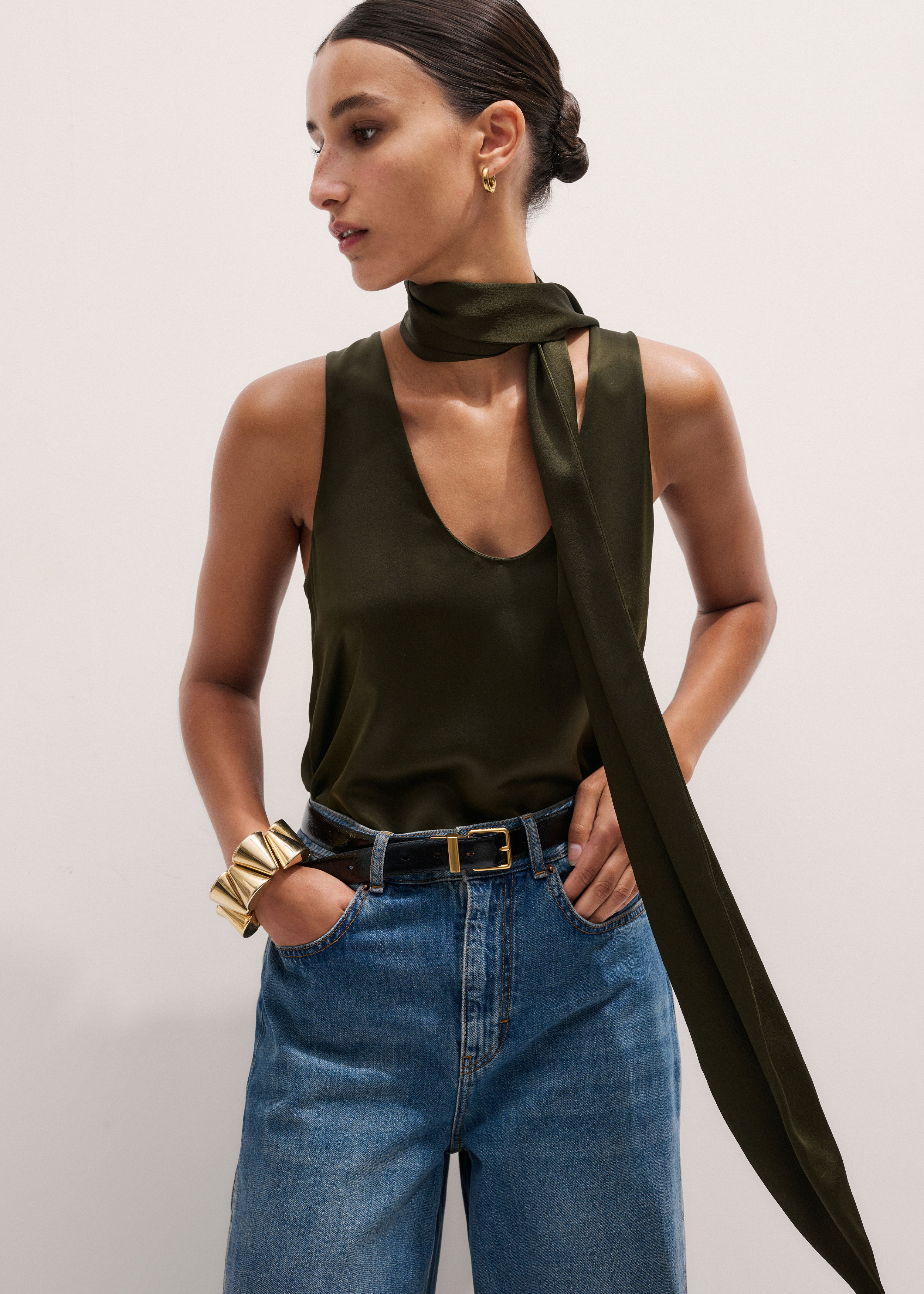 Women's Olive Green Silk Satin Evening Tank Top | ME+EM