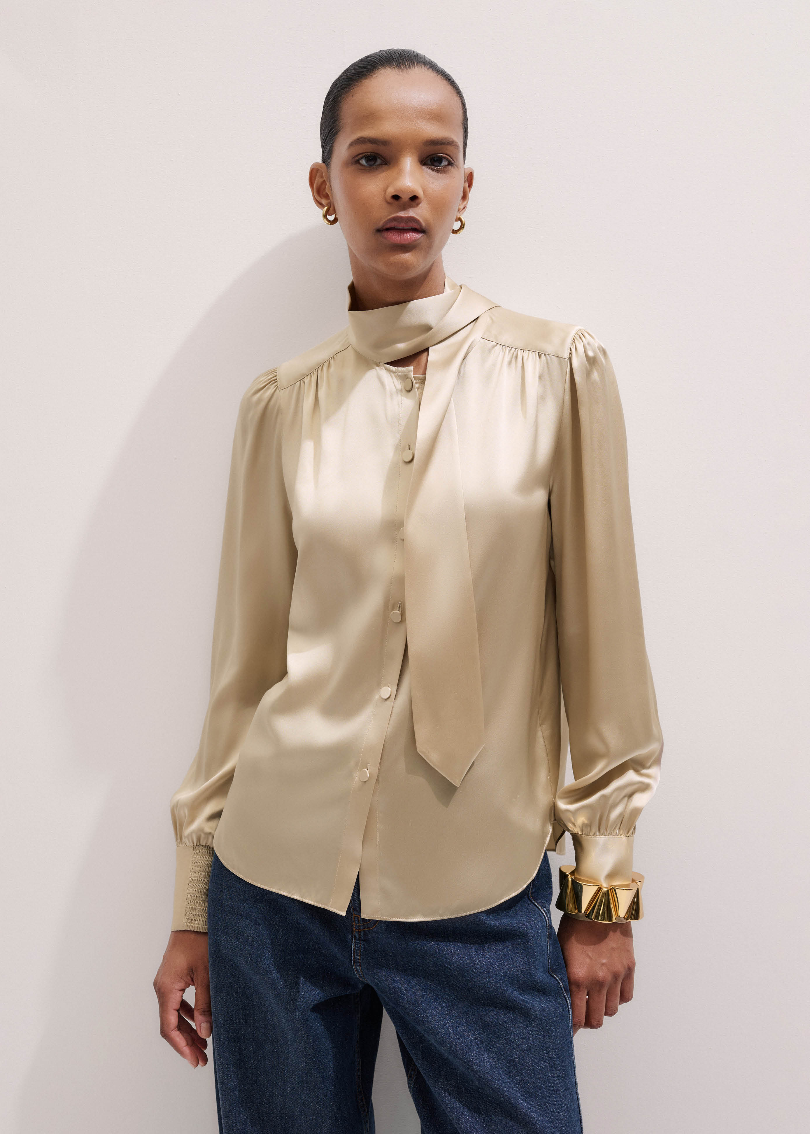 Women's Champagne Silk Satin Tie Neck Blouse | ME+EM