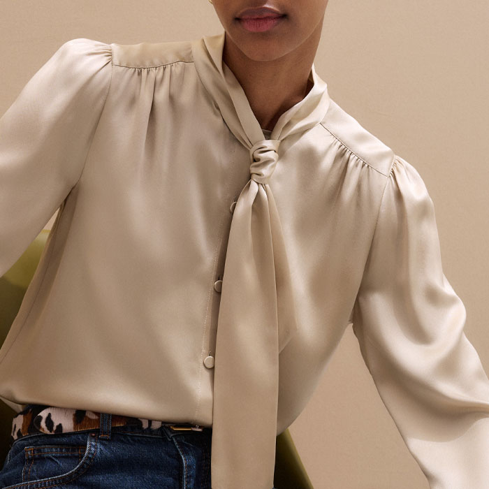 Women's Champagne Silk Satin Tie Neck Blouse | ME+EM