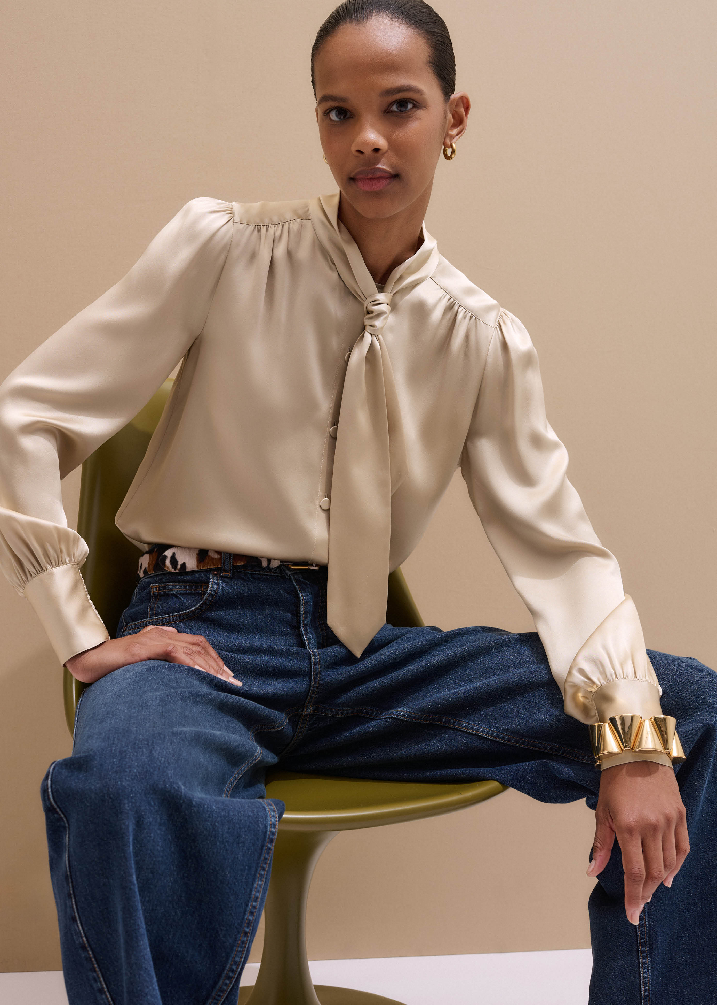 Women's Champagne Silk Satin Tie Neck Blouse | ME+EM