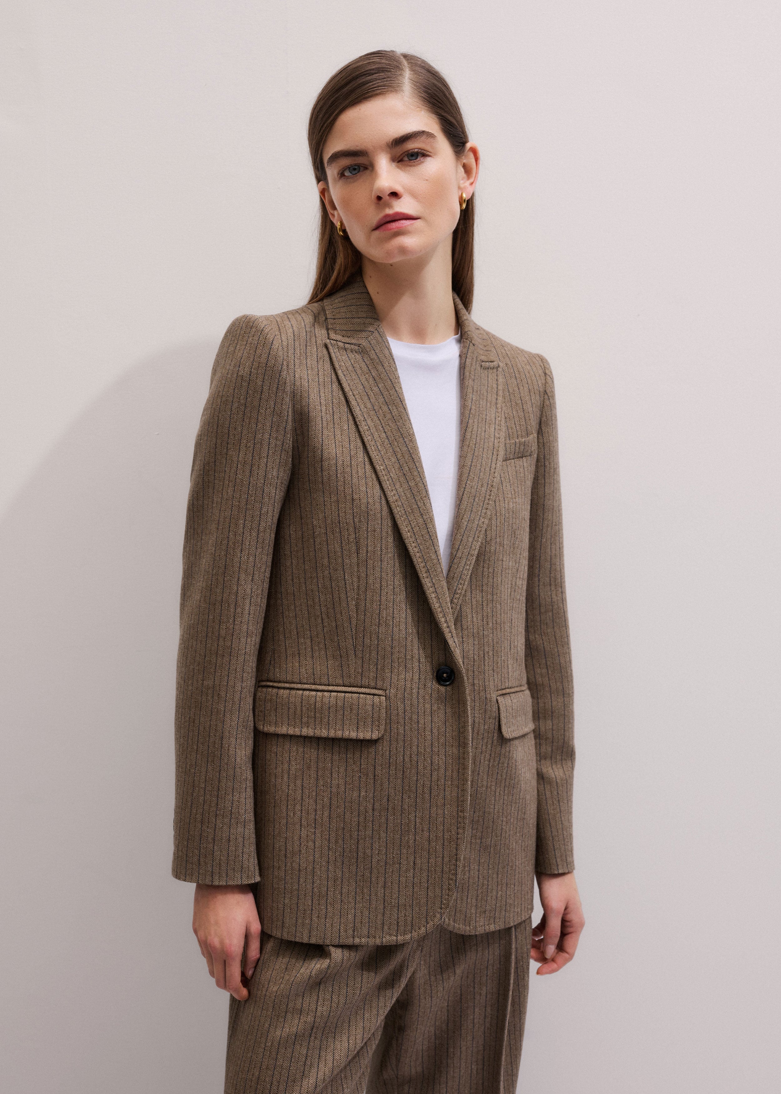 Women's Mocha Brown Pinstripe Sharp Shoulder Blazer | ME+EM