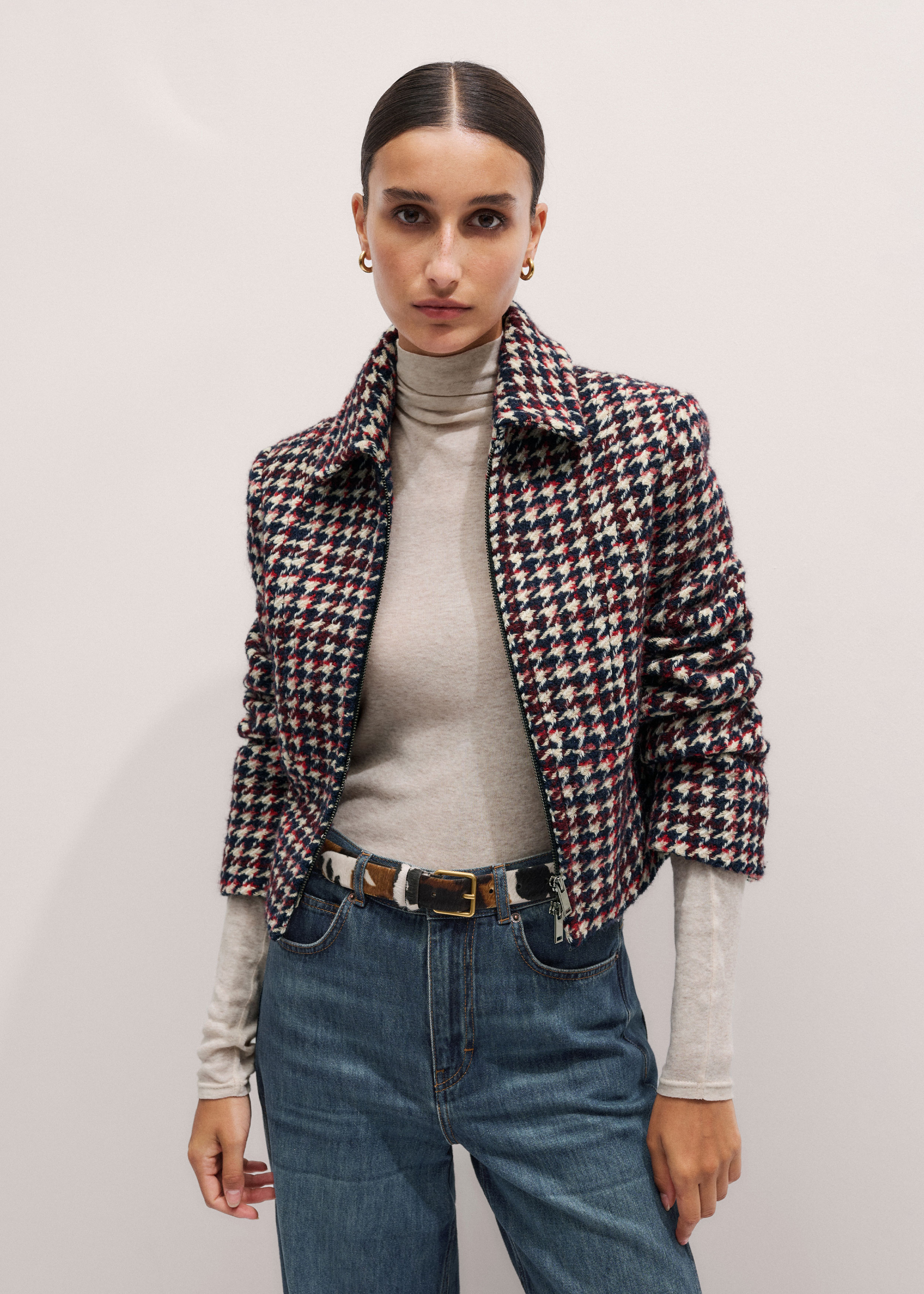 Women's Red Houndstooth Fitted Cropped Jacket | ME+EM