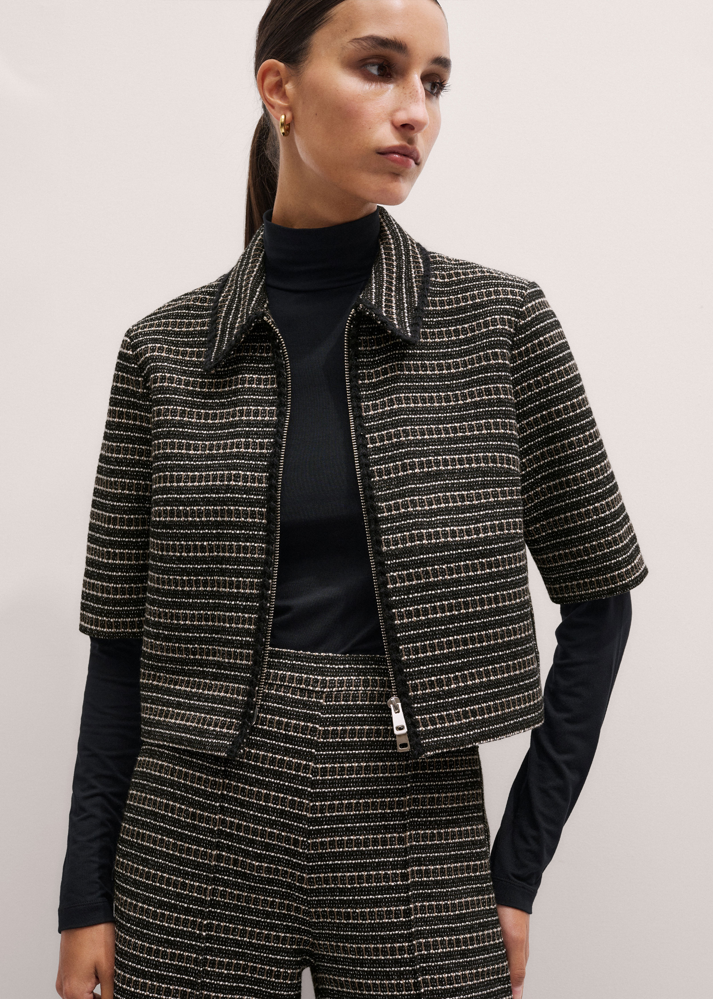 Women's Black Stripe Tweed Zip-Front Top | ME+EM