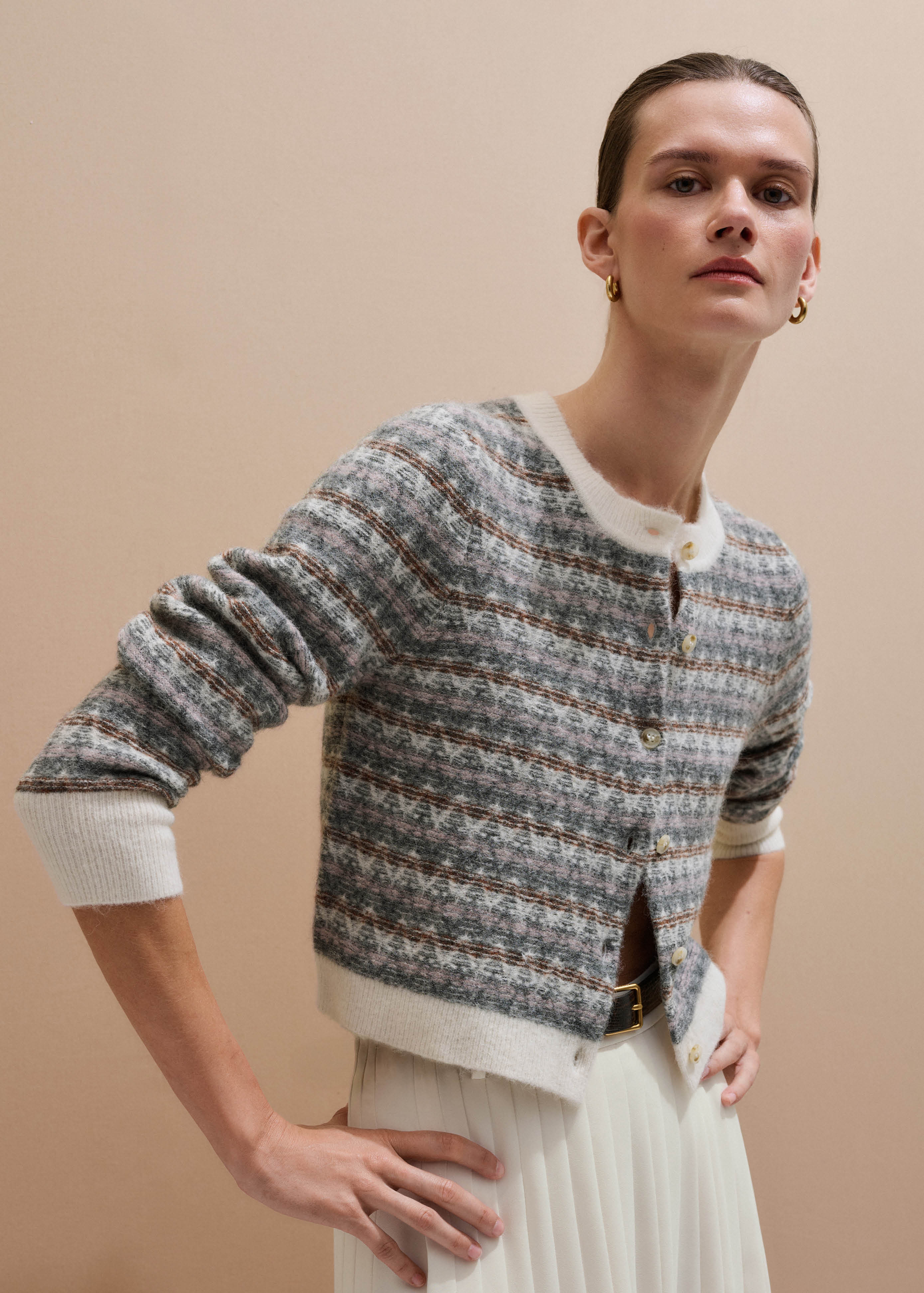 Women's Cream Jacquard Knit Crop Cardigan | ME+EM