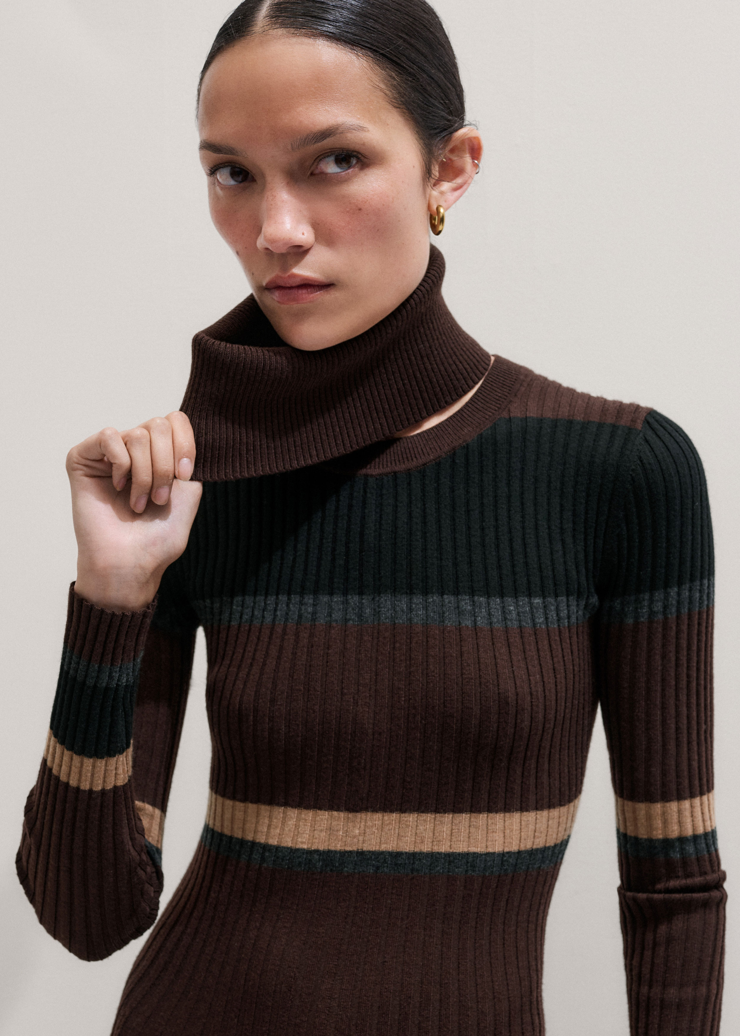 ME+EM Stripe Knit Maxi Dress With Snood - Brown Multi ME+EM Stripe Knit Maxi Dress With Snood - Brown Multi