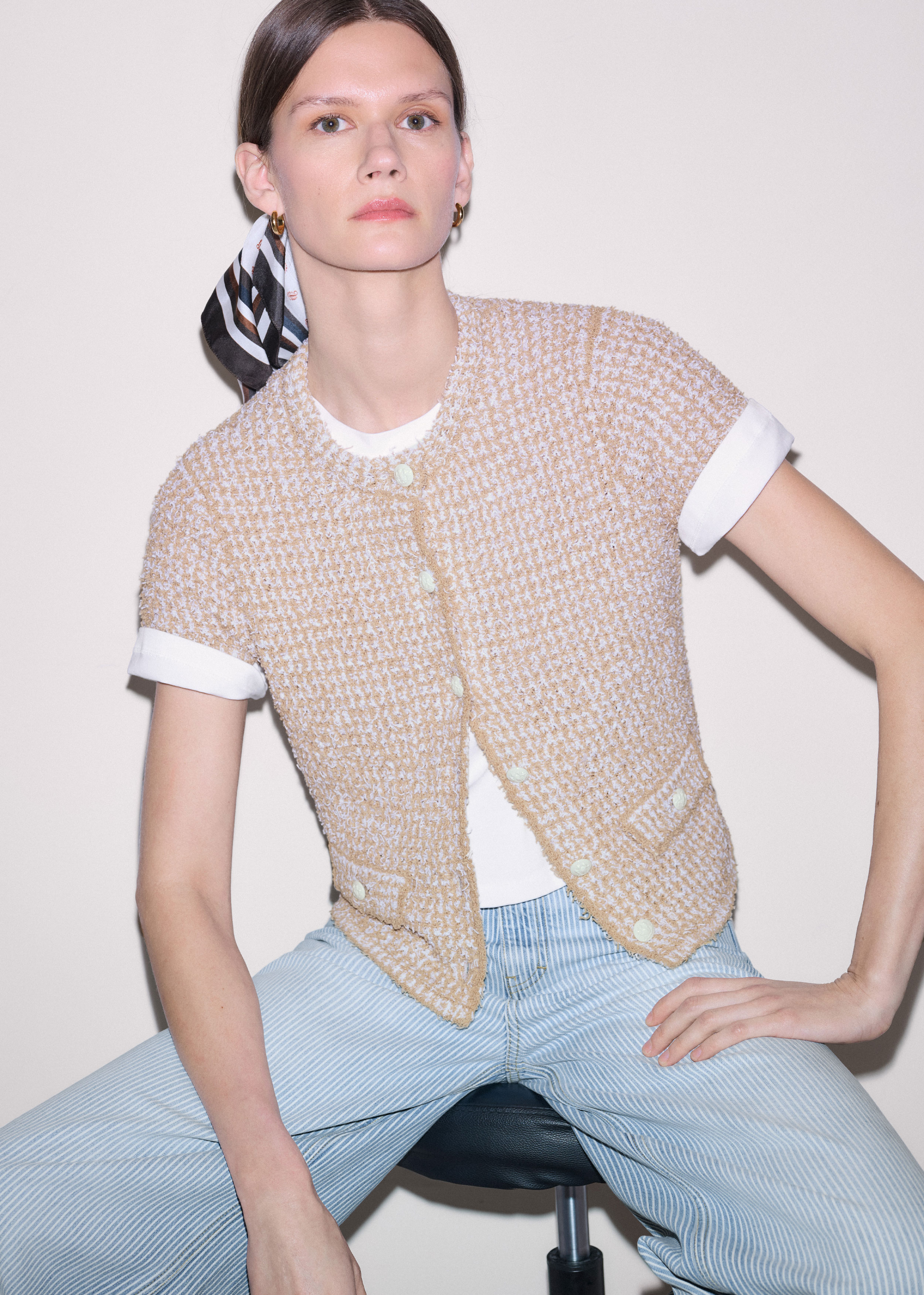 Women's Cream Tweed Knit Pouf Shoulder Textured Crop Jacket | ME+EM