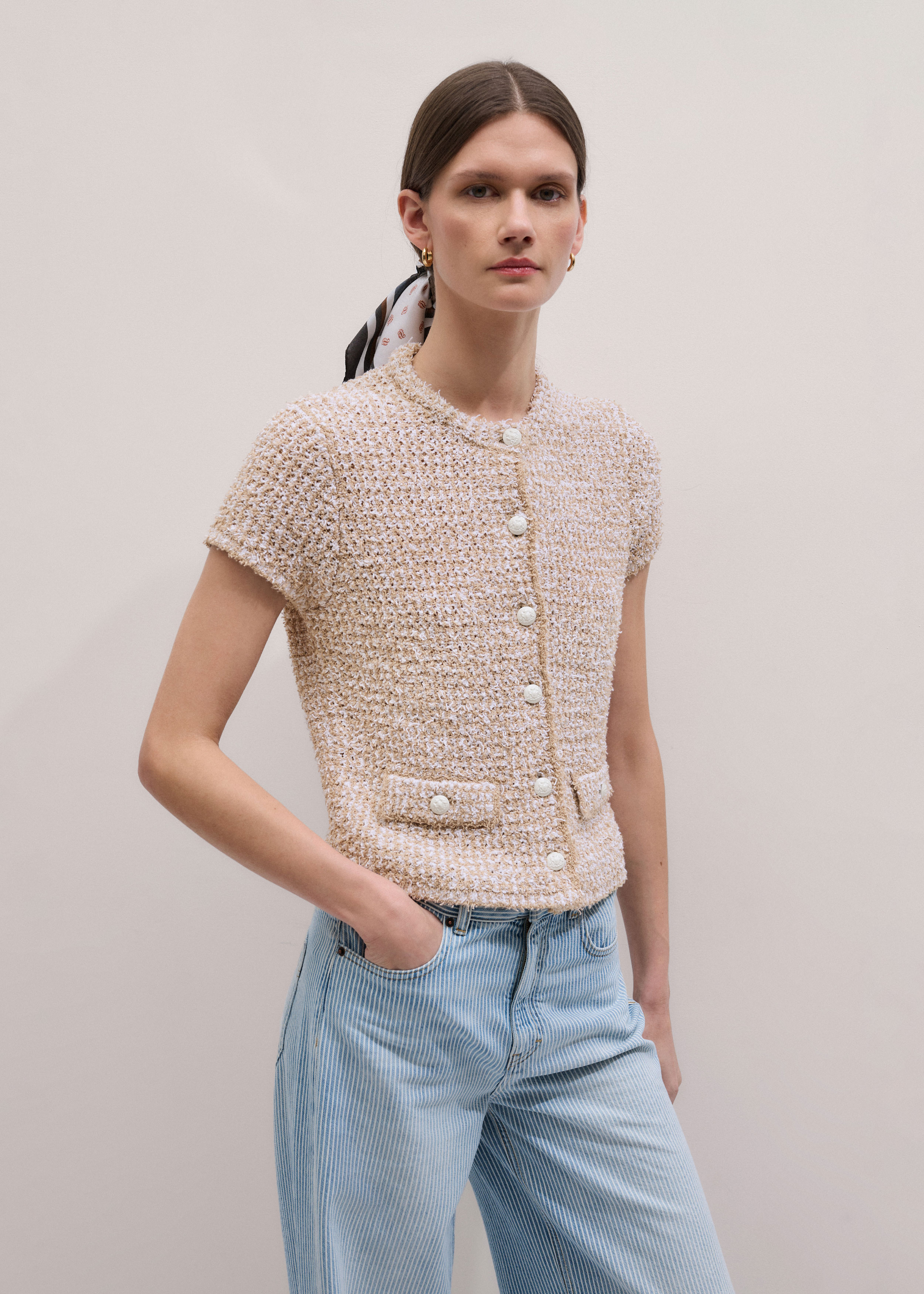 Women's Cream Tweed Knit Pouf Shoulder Textured Crop Jacket