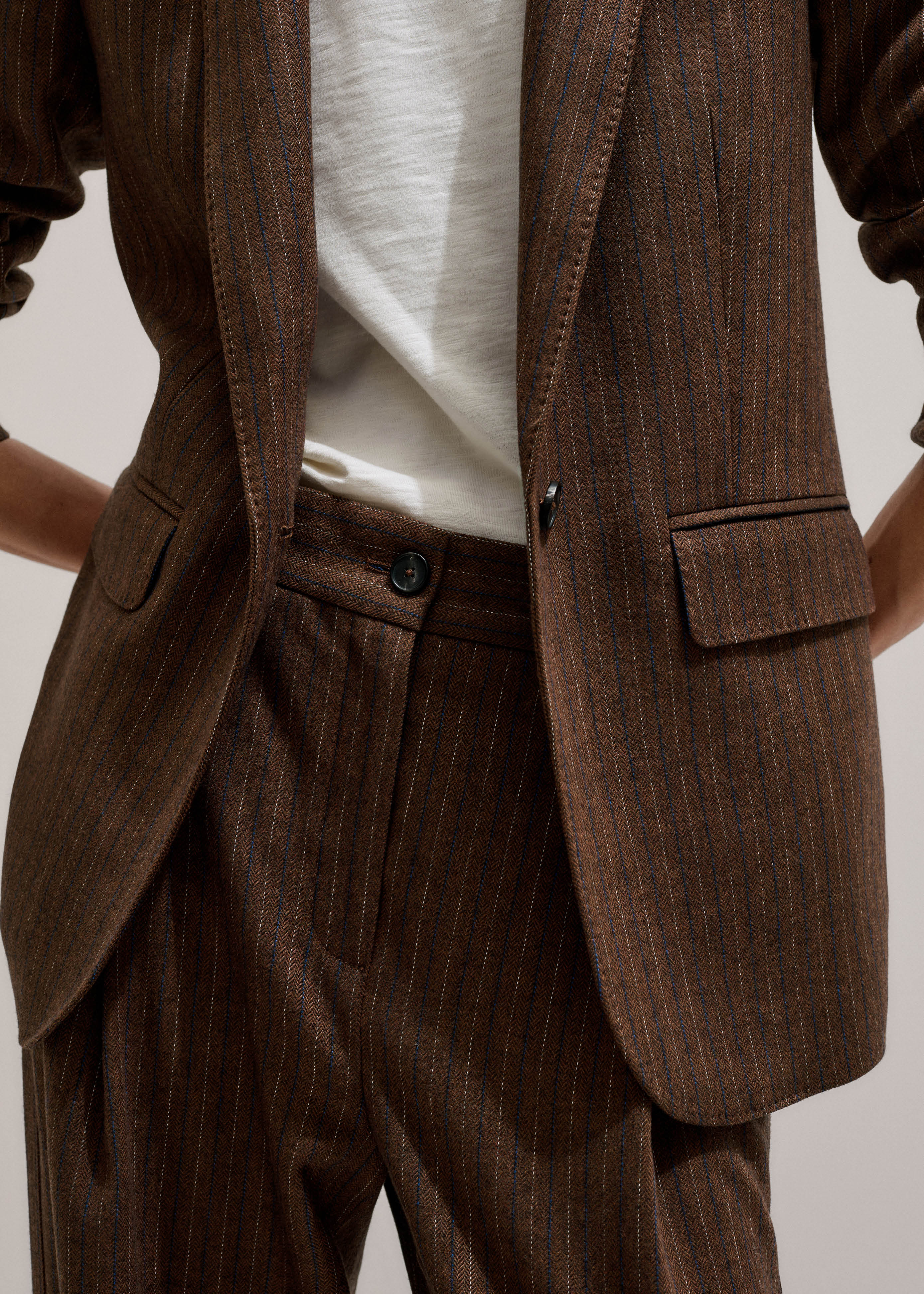 Women's Brown Sharp Shoulder Blazer + Pleat Straight Pant Suit | ME+EM