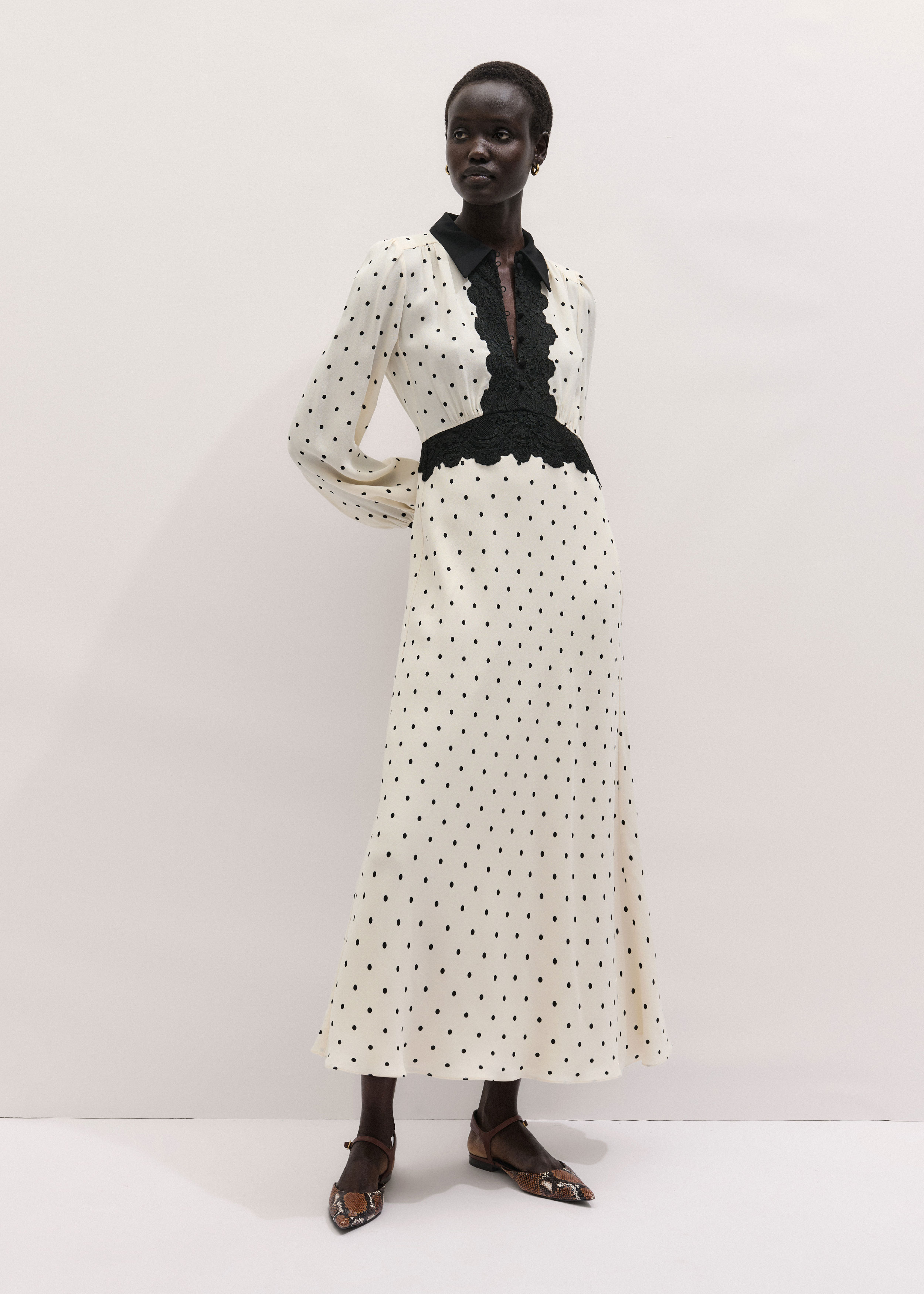 Women's Cream Winter Polka Dot Lace Trim Maxi Dress | ME+EM