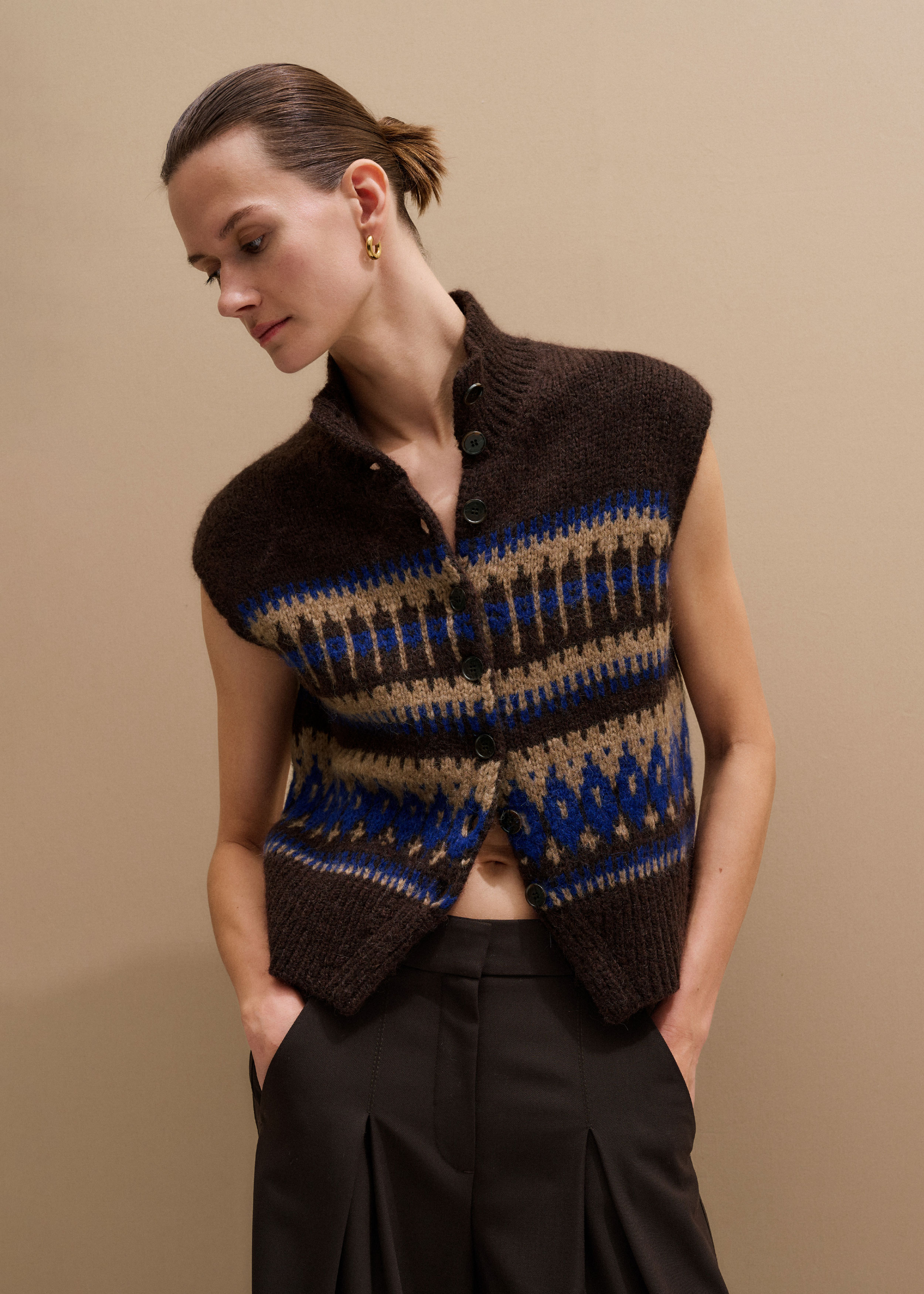 Women's Brown Button-Through Relaxed Jacquard Vest | ME+EM