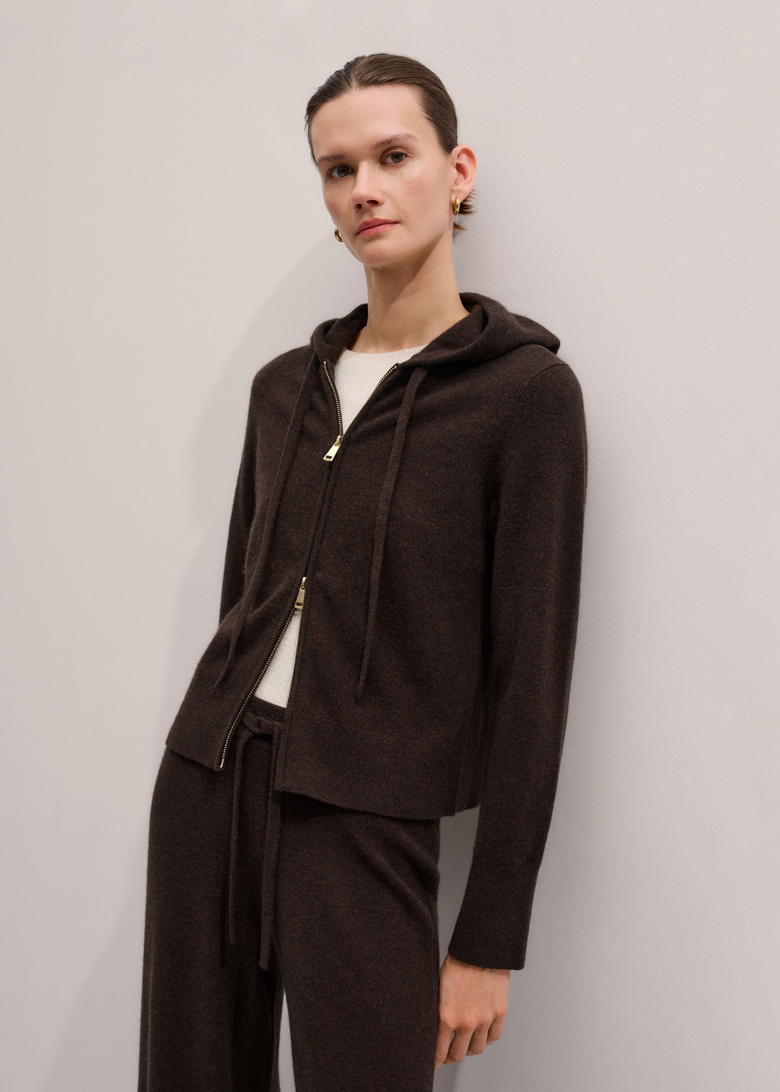 Women's Brown Cashmere Two Way Zip Straight Hoodie | ME+EM
