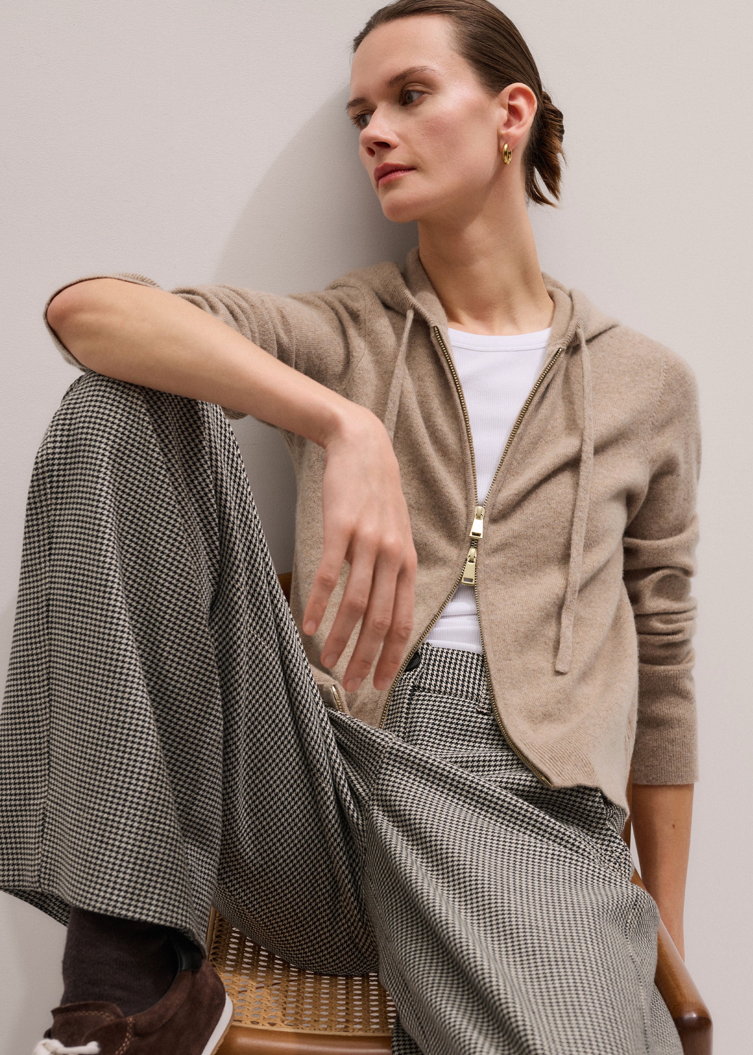 Women's Light Brown Cashmere Two-Way Zip Straight Hoodie | ME+EM