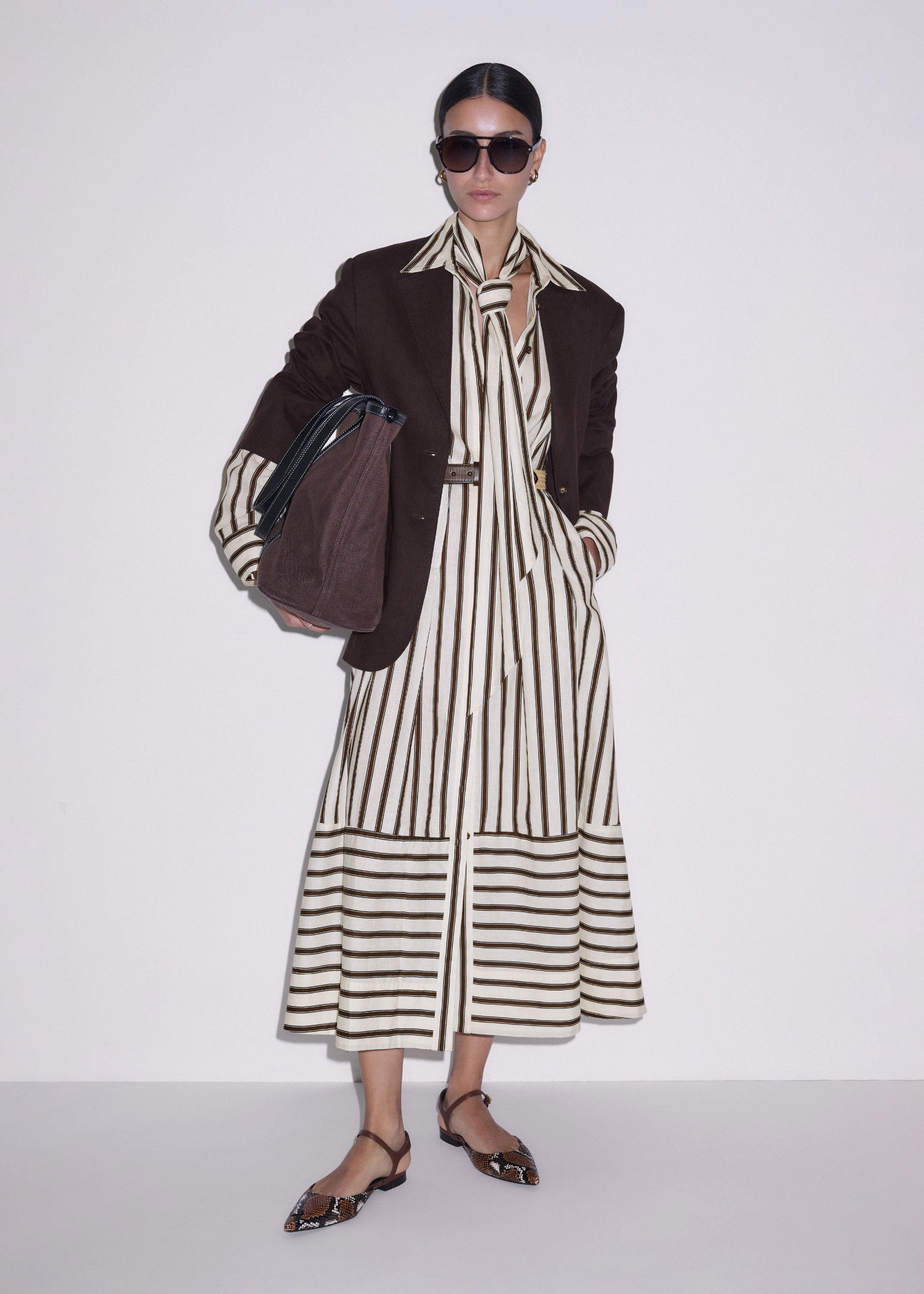 black and white striped dress with brown belt Tied Striped Spaghetti Strap Dress Black / M