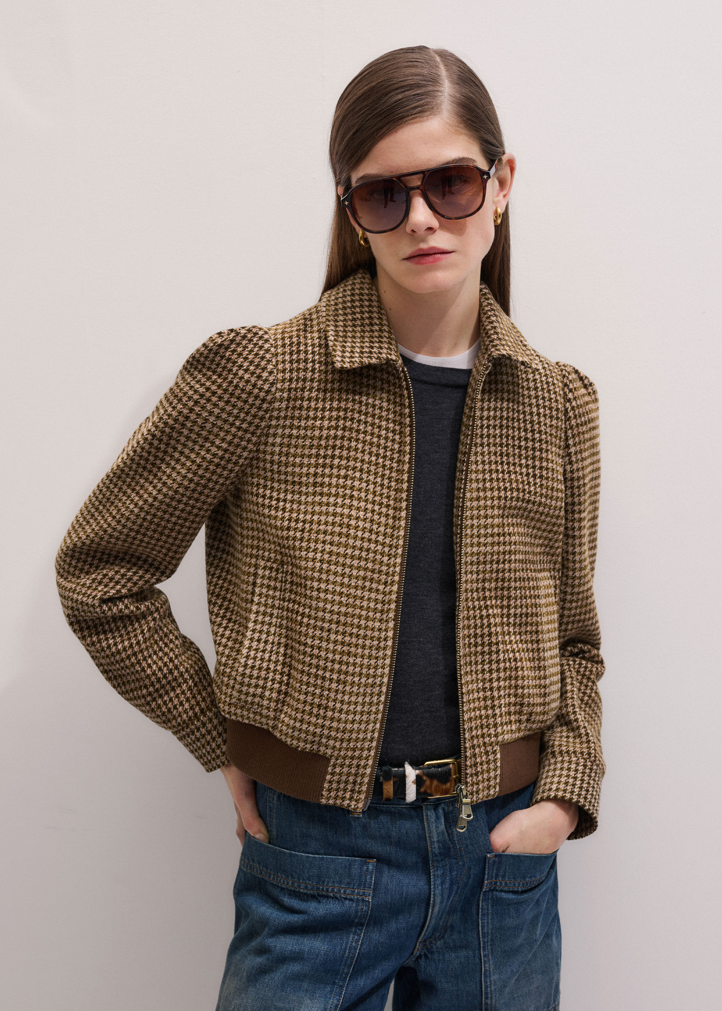 Me+em Super Soft Houndstooth Bomber Brown Multi In Multi