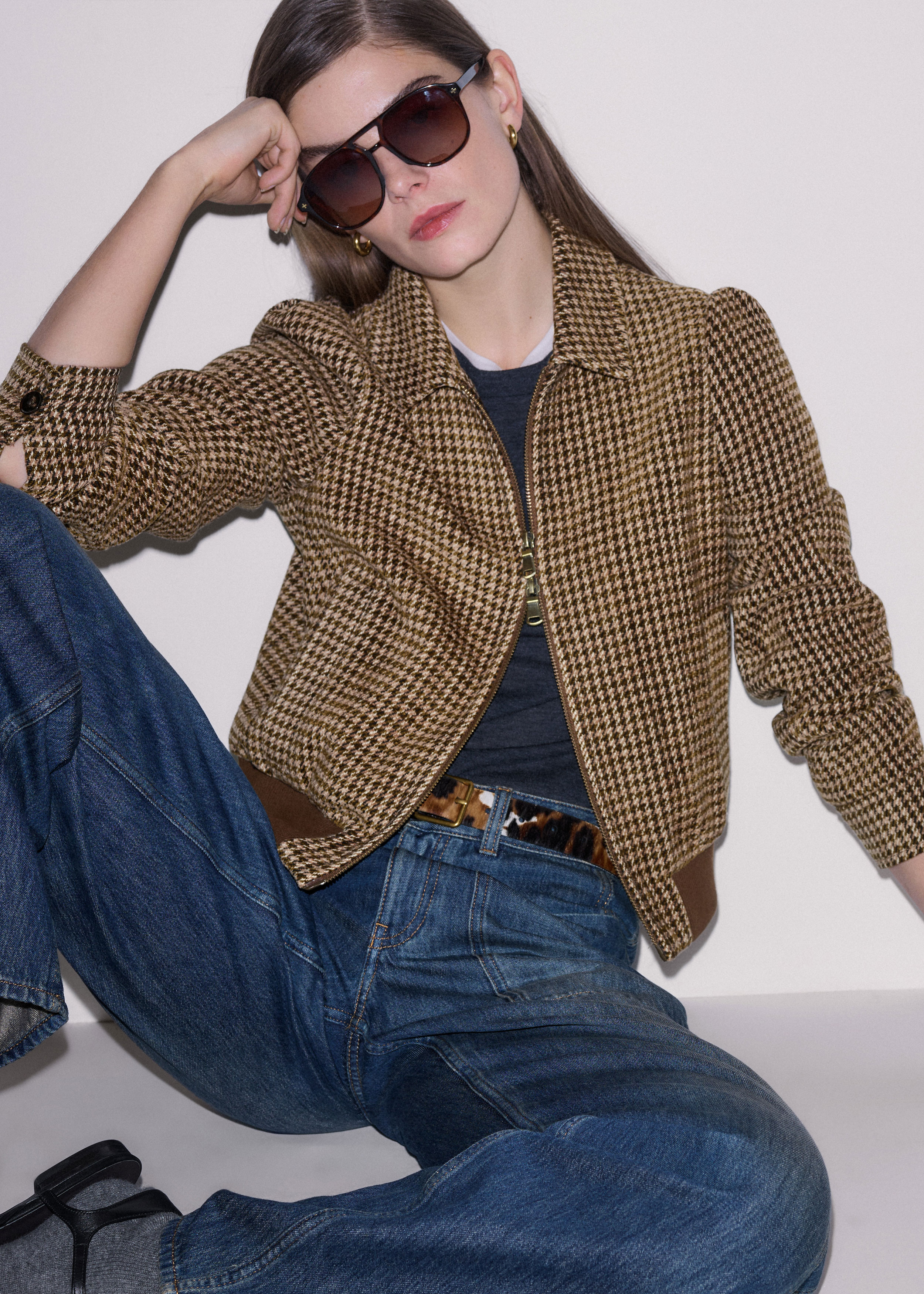 Me+em Super Soft Houndstooth Bomber Brown Multi