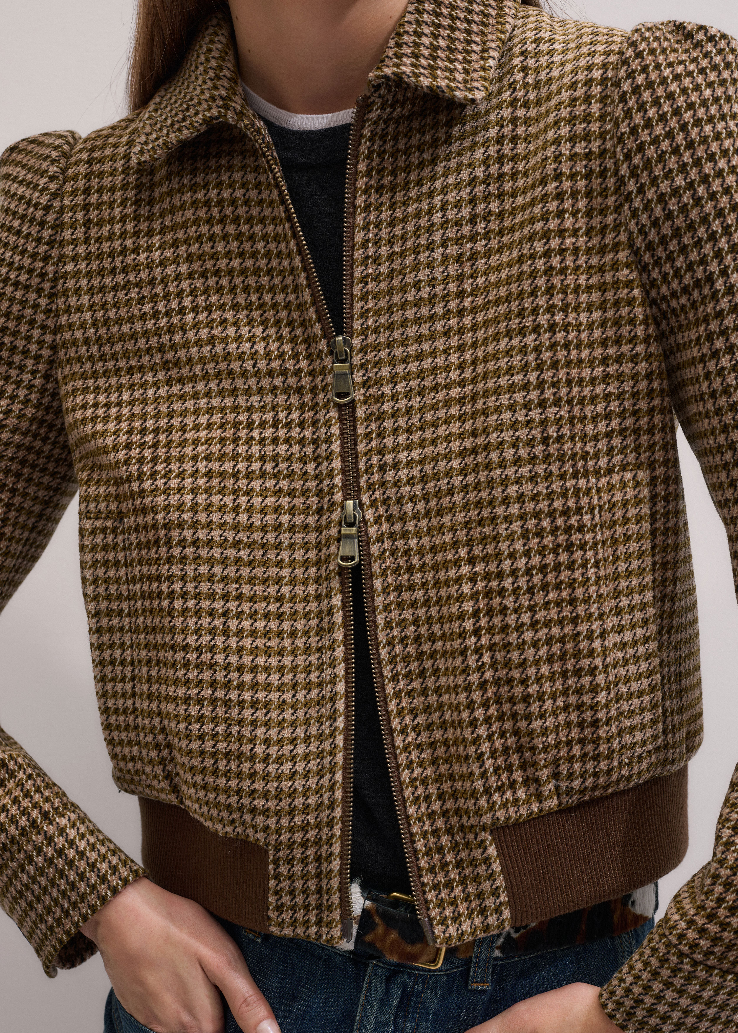 Me+em Super Soft Houndstooth Bomber Brown Multi In Multi