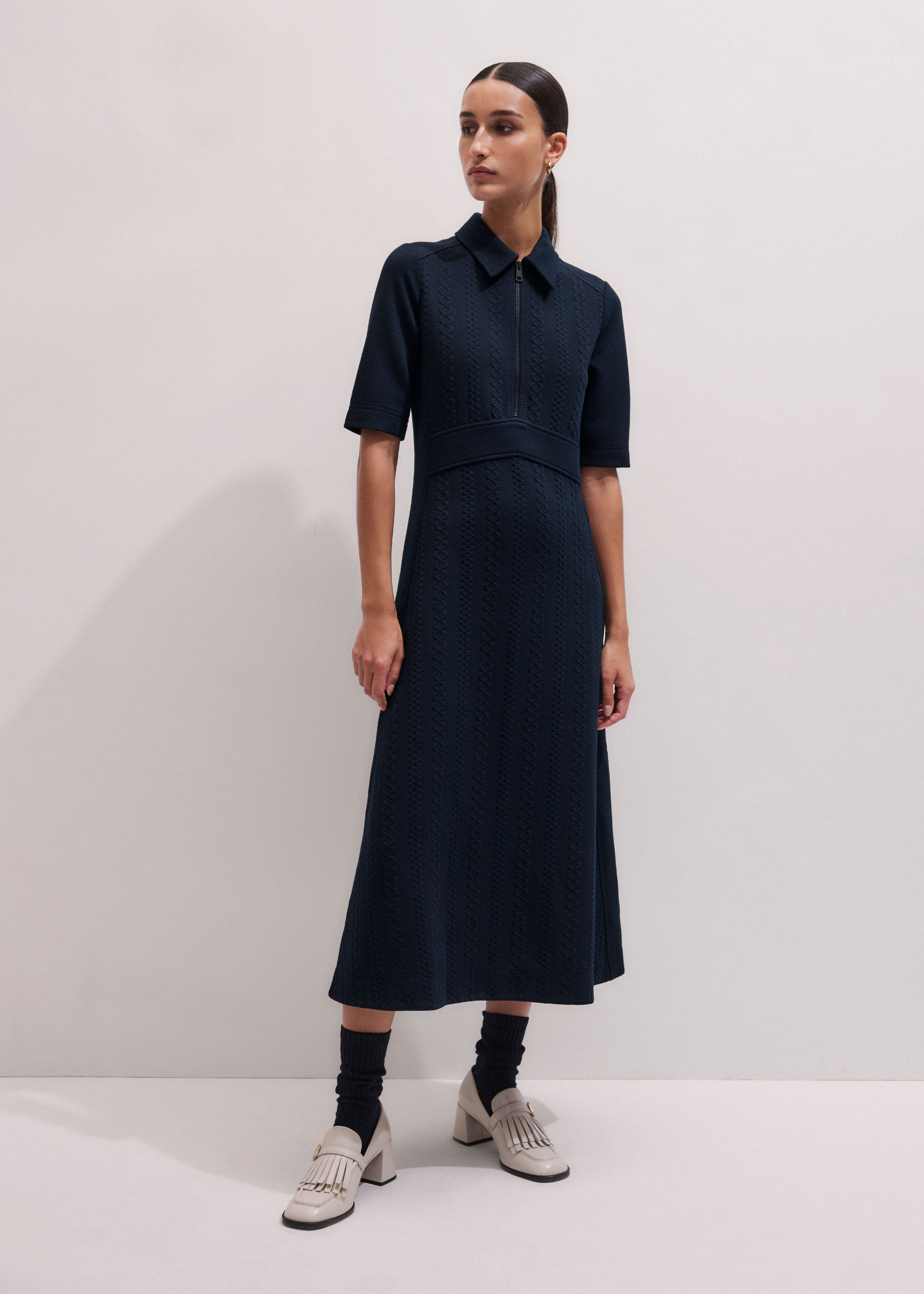 Women's Navy Cable Jacquard Half-Zip Midi Dress | ME+EM