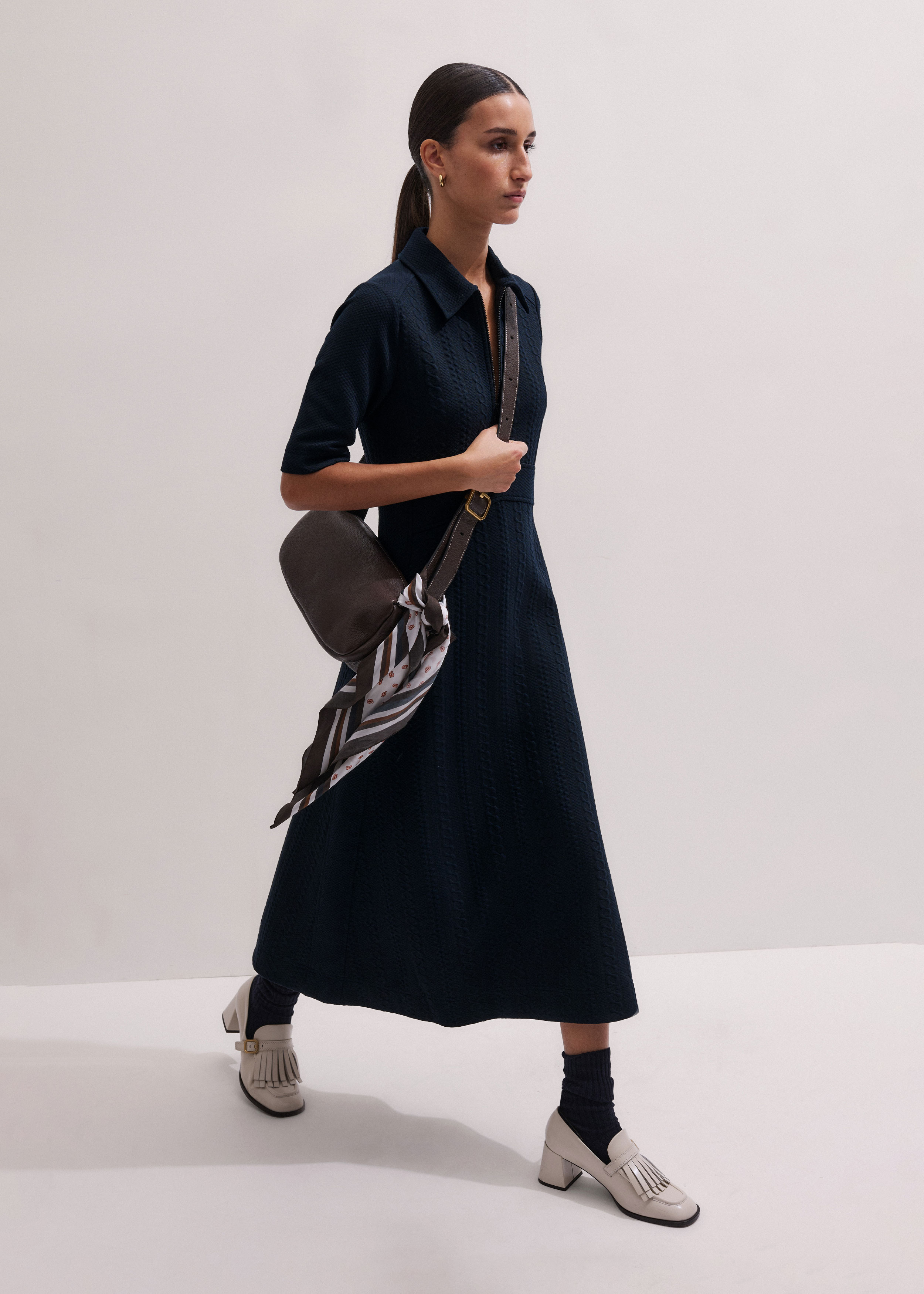 Women's Navy Cable Jacquard Half-Zip Midi Dress | ME+EM