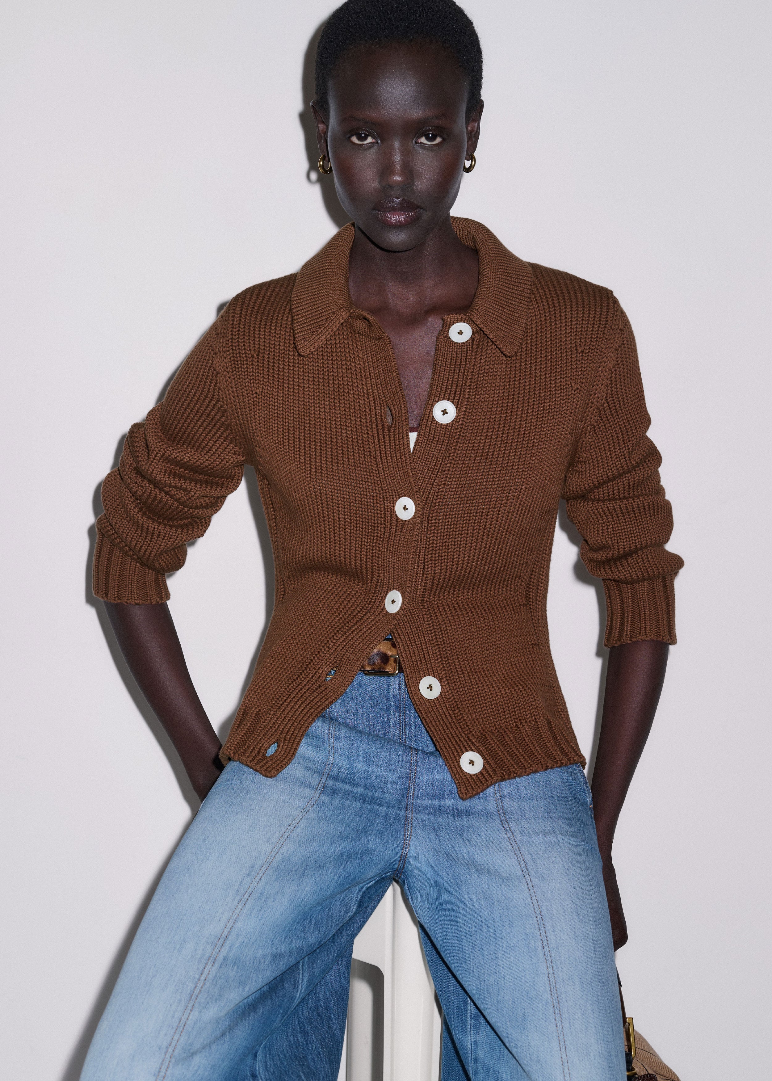 Women's Brown Slim Collared Cardigan | ME+EM