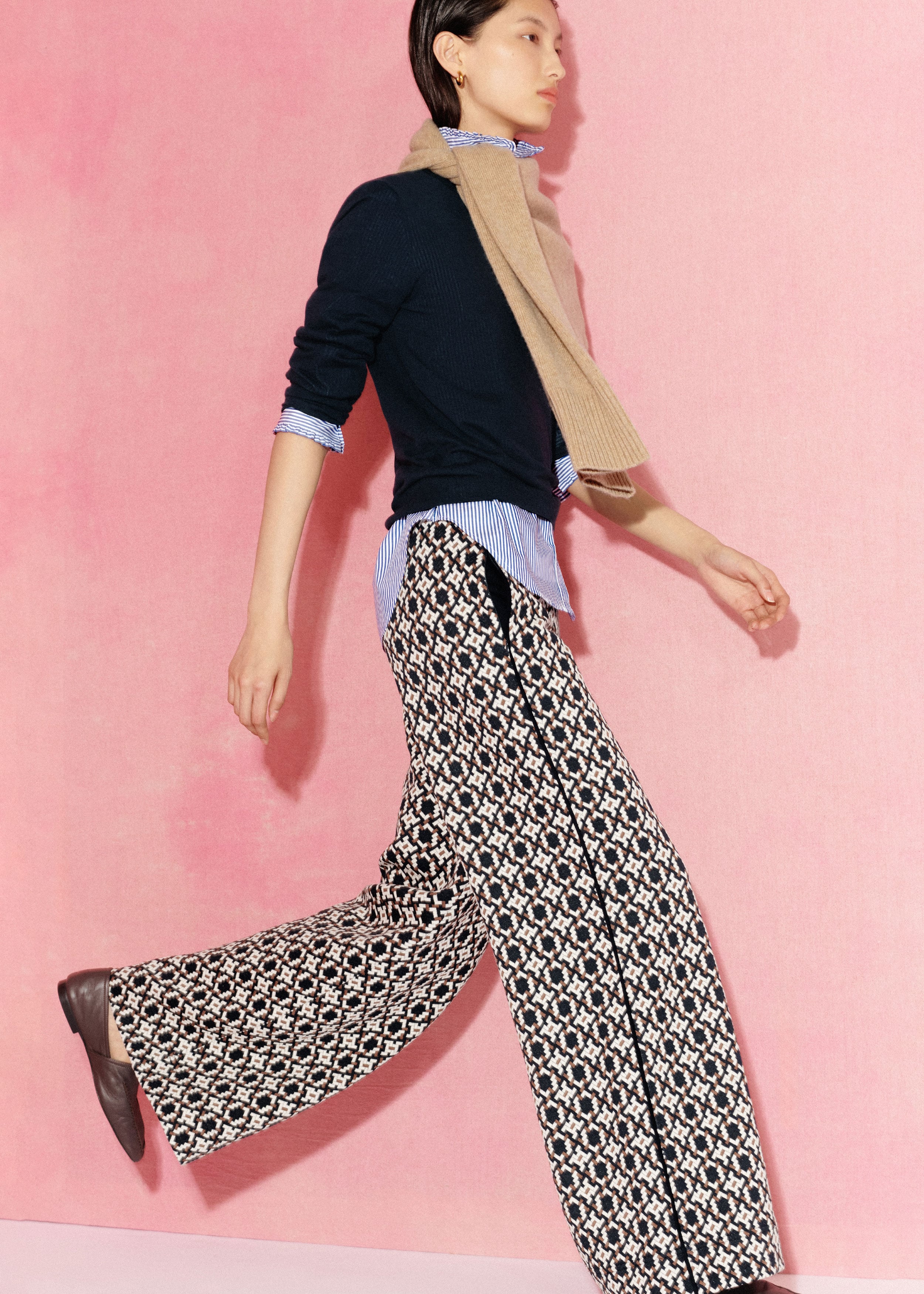 パンツ 30's Wool Jacquard PatternJodhpurs Pants Women's Navy Graphic Jacquard Wide-Leg Pant | ME+EM