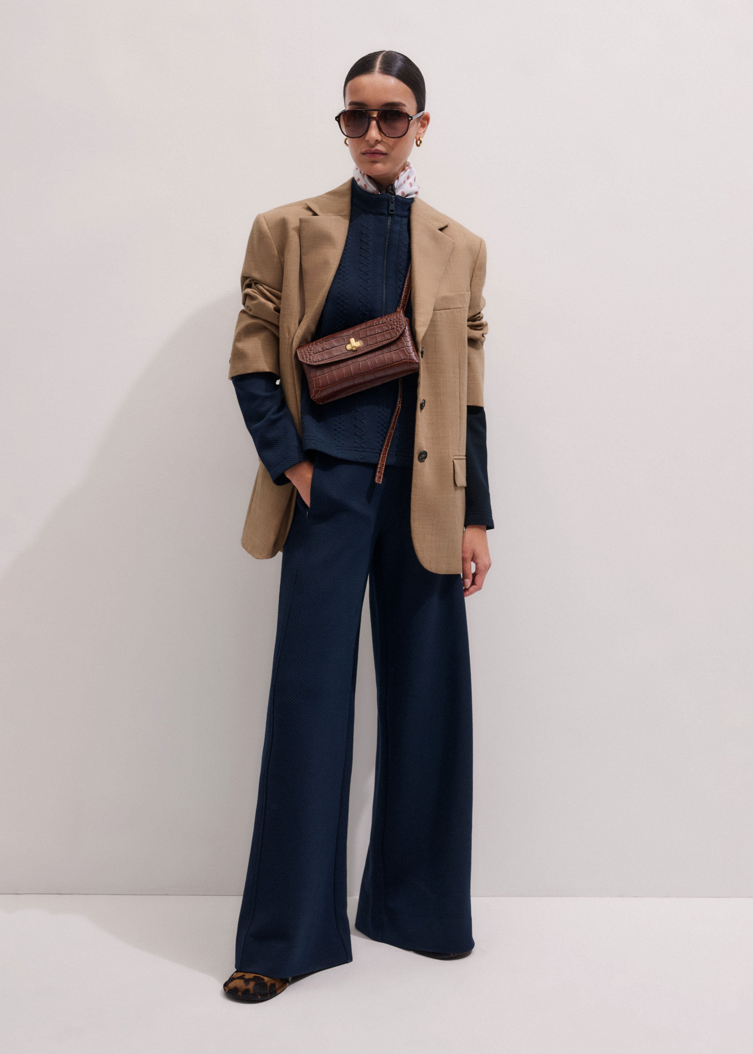 Women's Navy Cable Jacquard Wide-Leg Pant | ME+EM