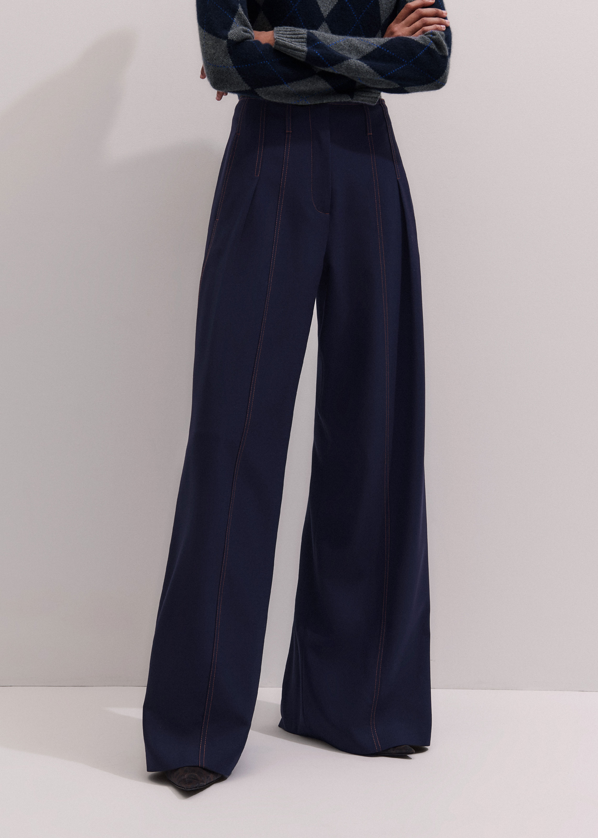 Women's Navy Contrast Top Stitch Wide-Leg Pant | ME+EM