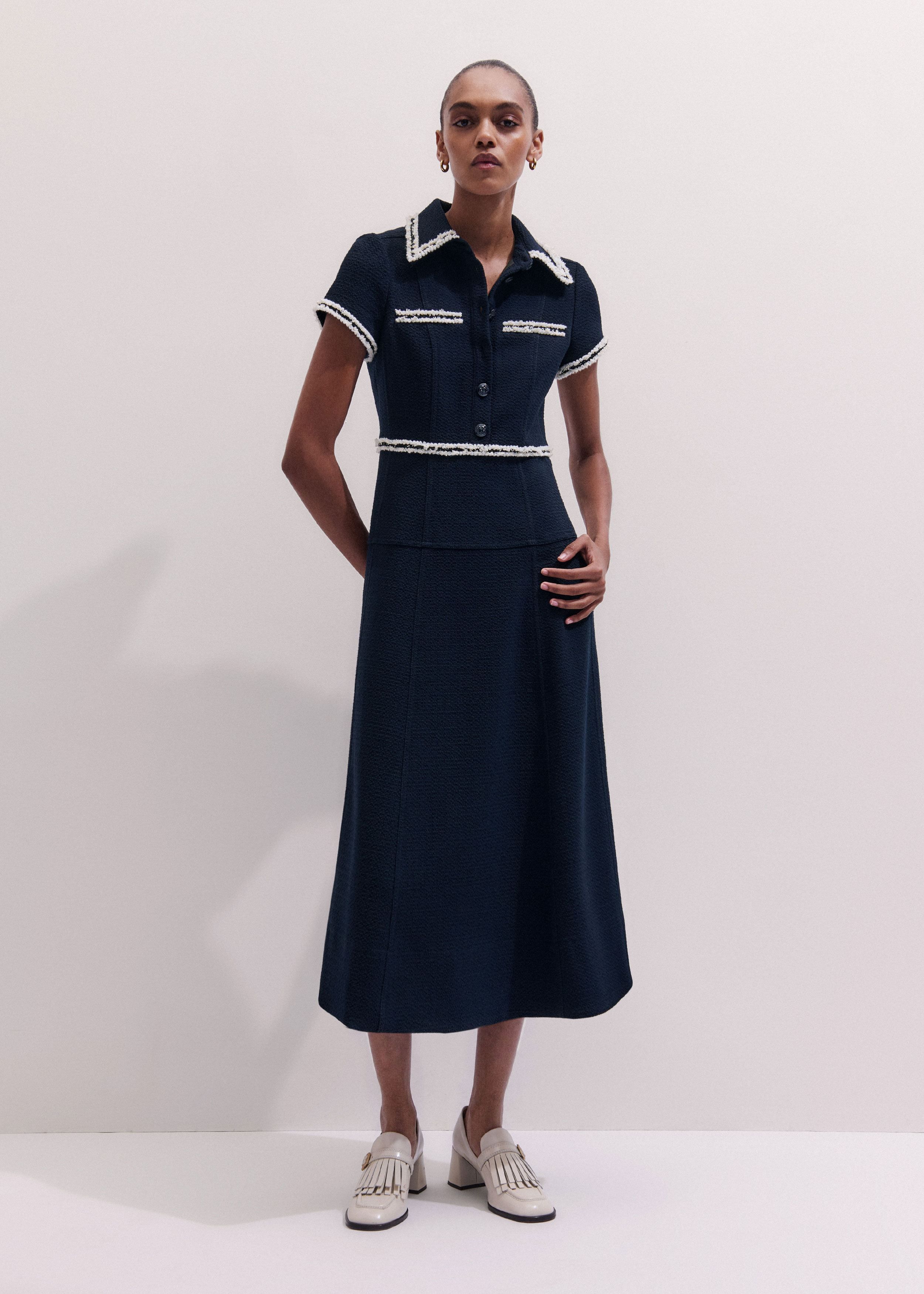Me+em Contrast-trim Boucl Stretch-knit Midi Dress - Navy Me+em Contrast-trim Boucl Stretch-knit Midi Dress - Navy