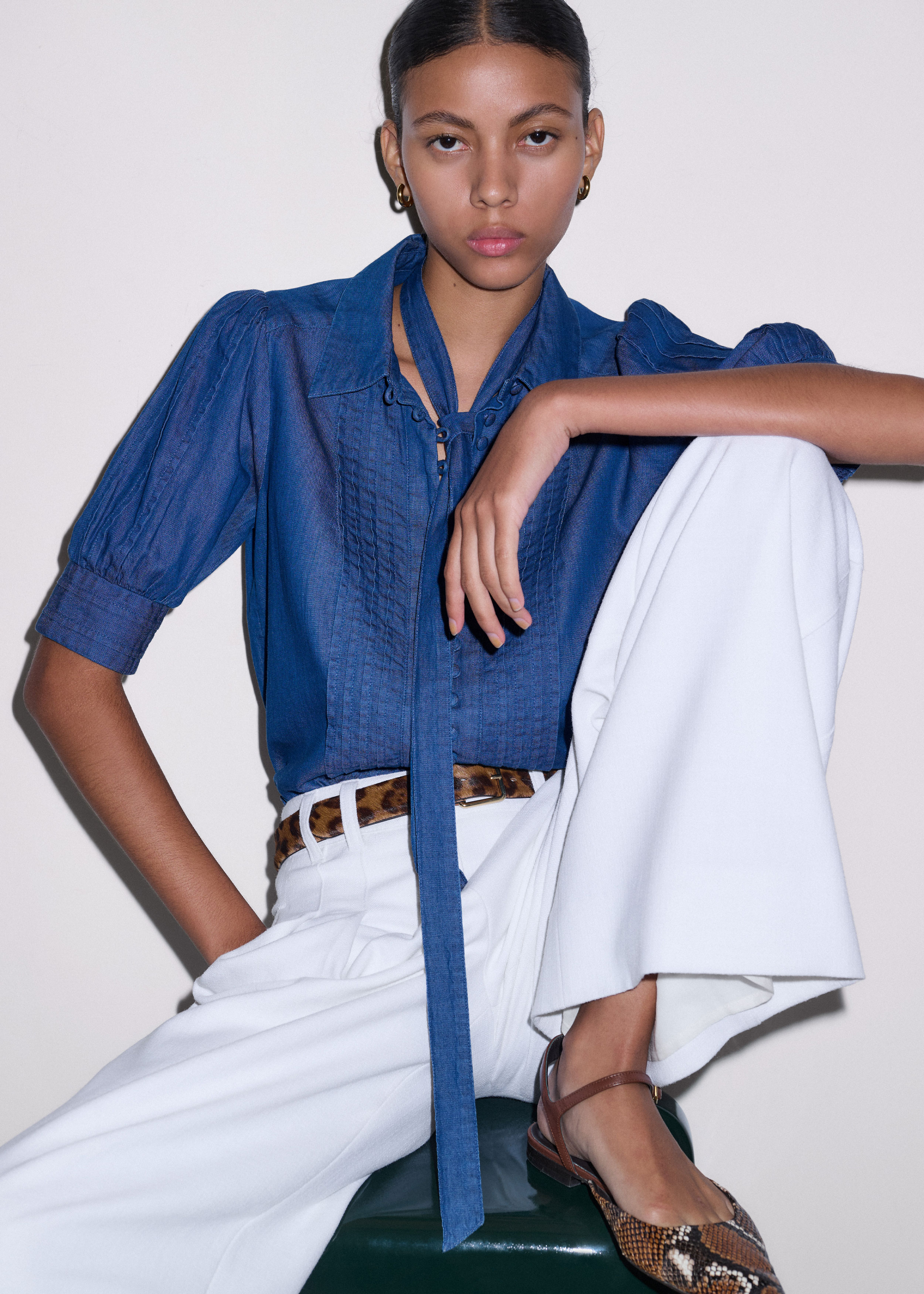 Women's Blue Chambray Pintucked Short Sleeve Blouse + Tie | ME+EM