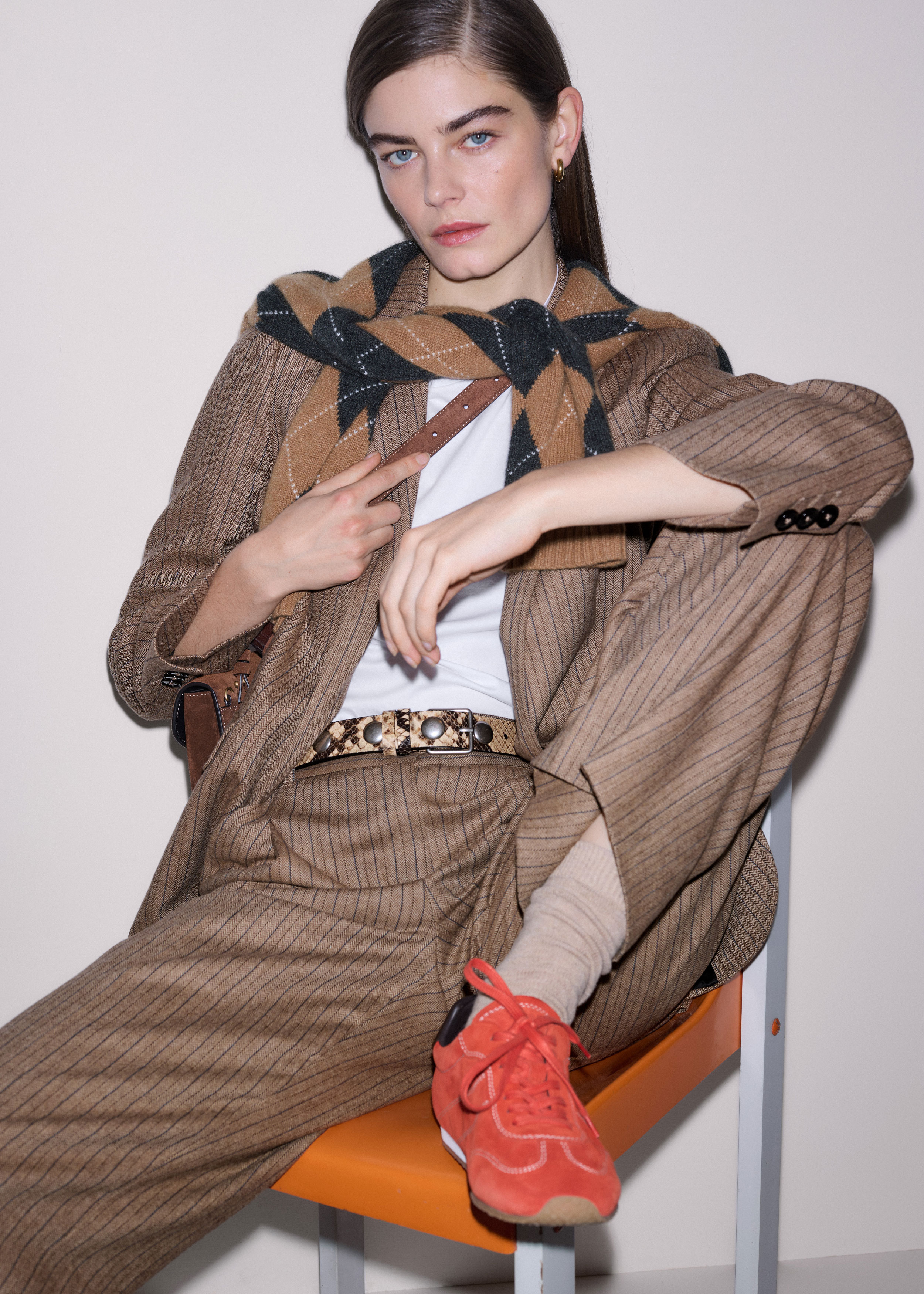 Women's Mocha Brown Sharp Shoulder Blazer + Pleat Straight Pant